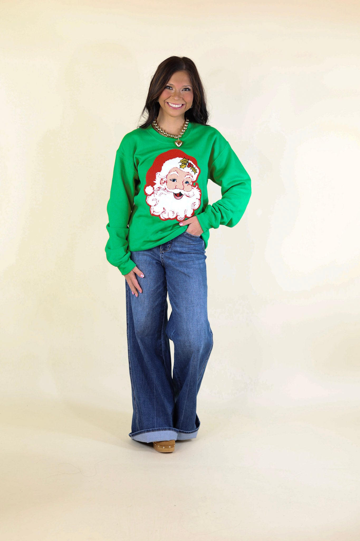 Santa Chenille Patch Graphic Sweatshirt in Green