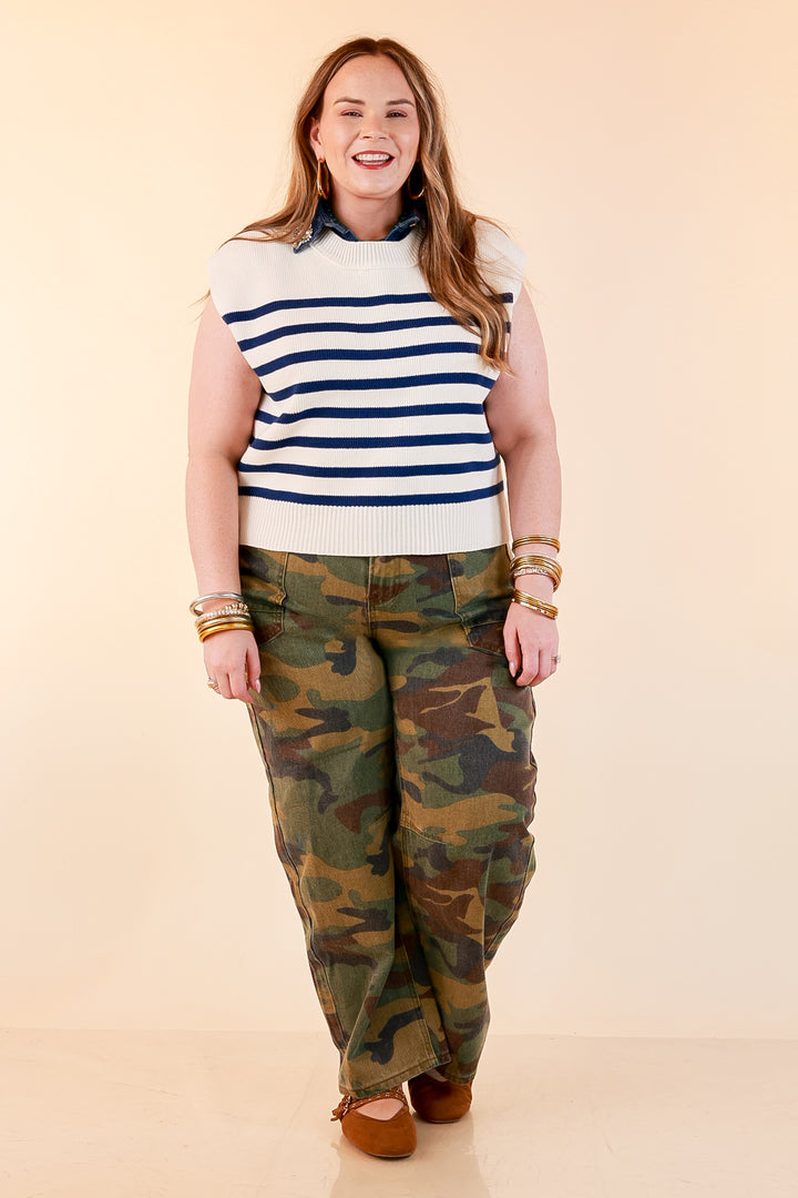Stripe Things Up Drop Shoulder Knit Sweater in White with Navy Blue Stripes