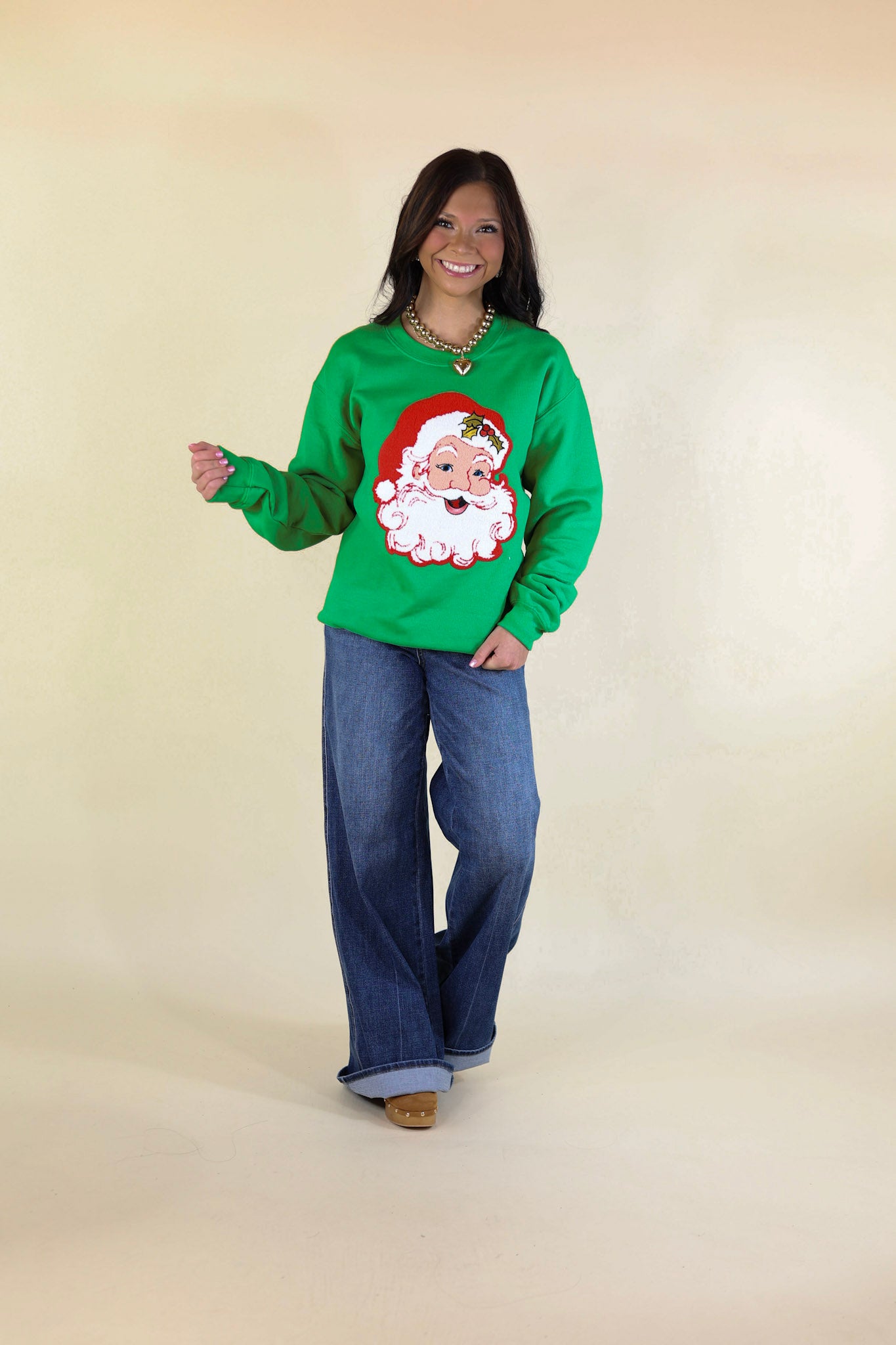 Santa Chenille Patch Graphic Sweatshirt in Green