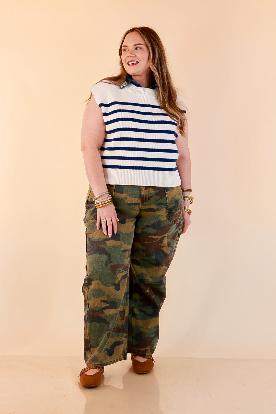 Stripe Things Up Drop Shoulder Knit Sweater in White with Navy Blue Stripes