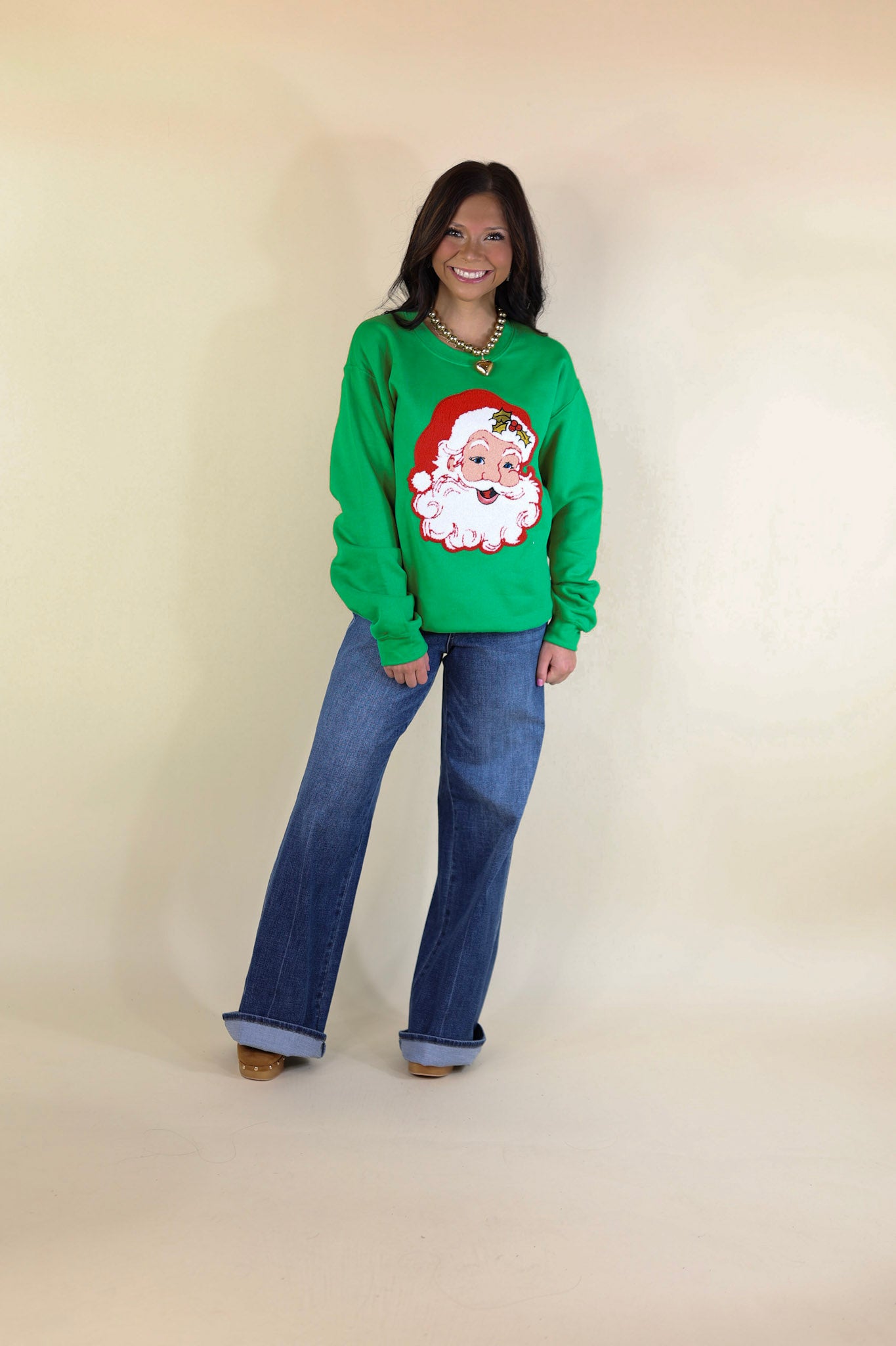 Santa Chenille Patch Graphic Sweatshirt in Green