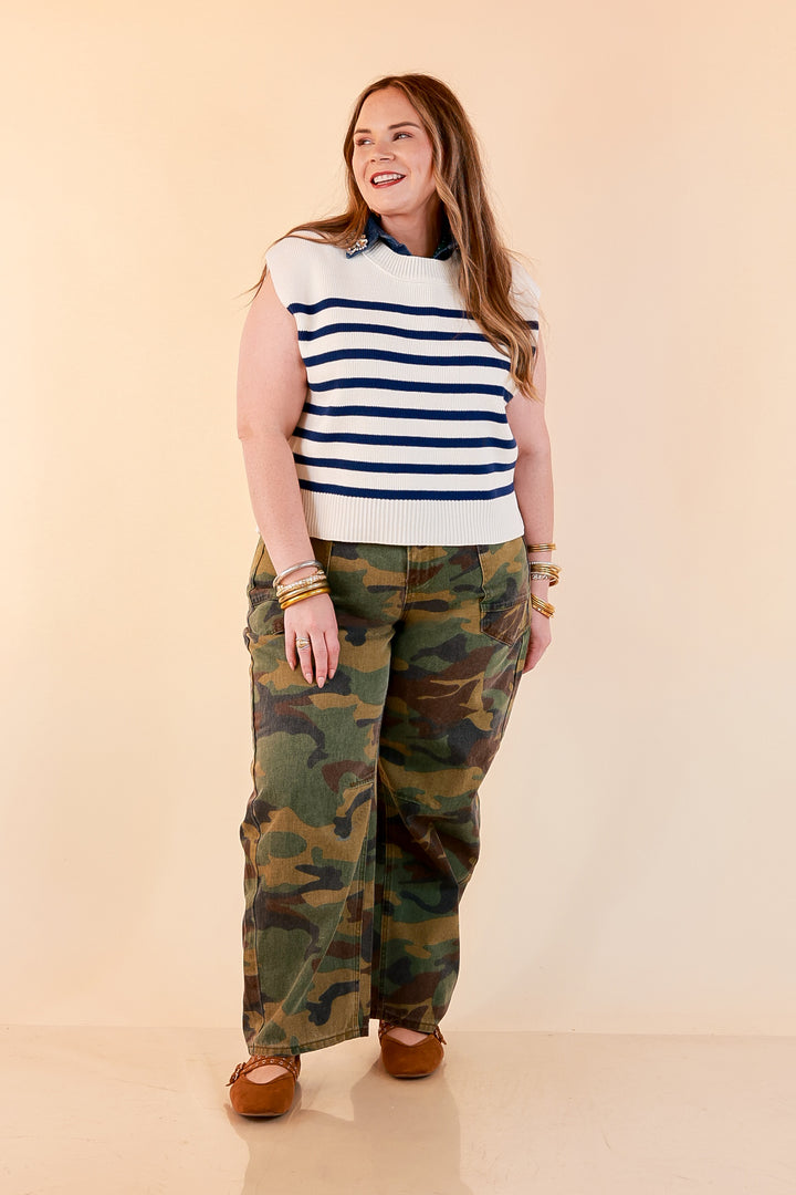 Stripe Things Up Drop Shoulder Knit Sweater in White with Navy Blue Stripes