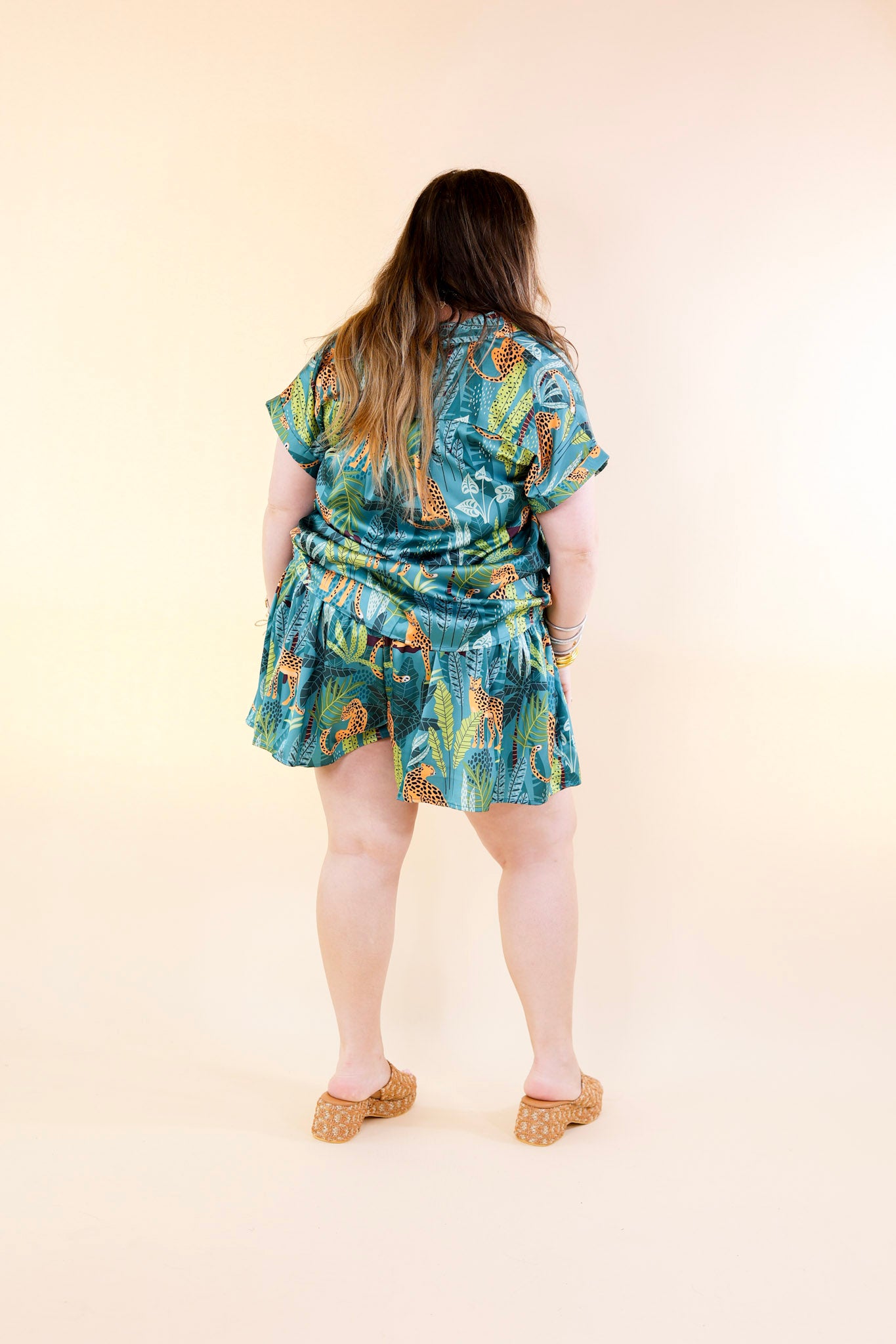 Center of Attention Jungle Print Flowy Shorts in Teal Blue