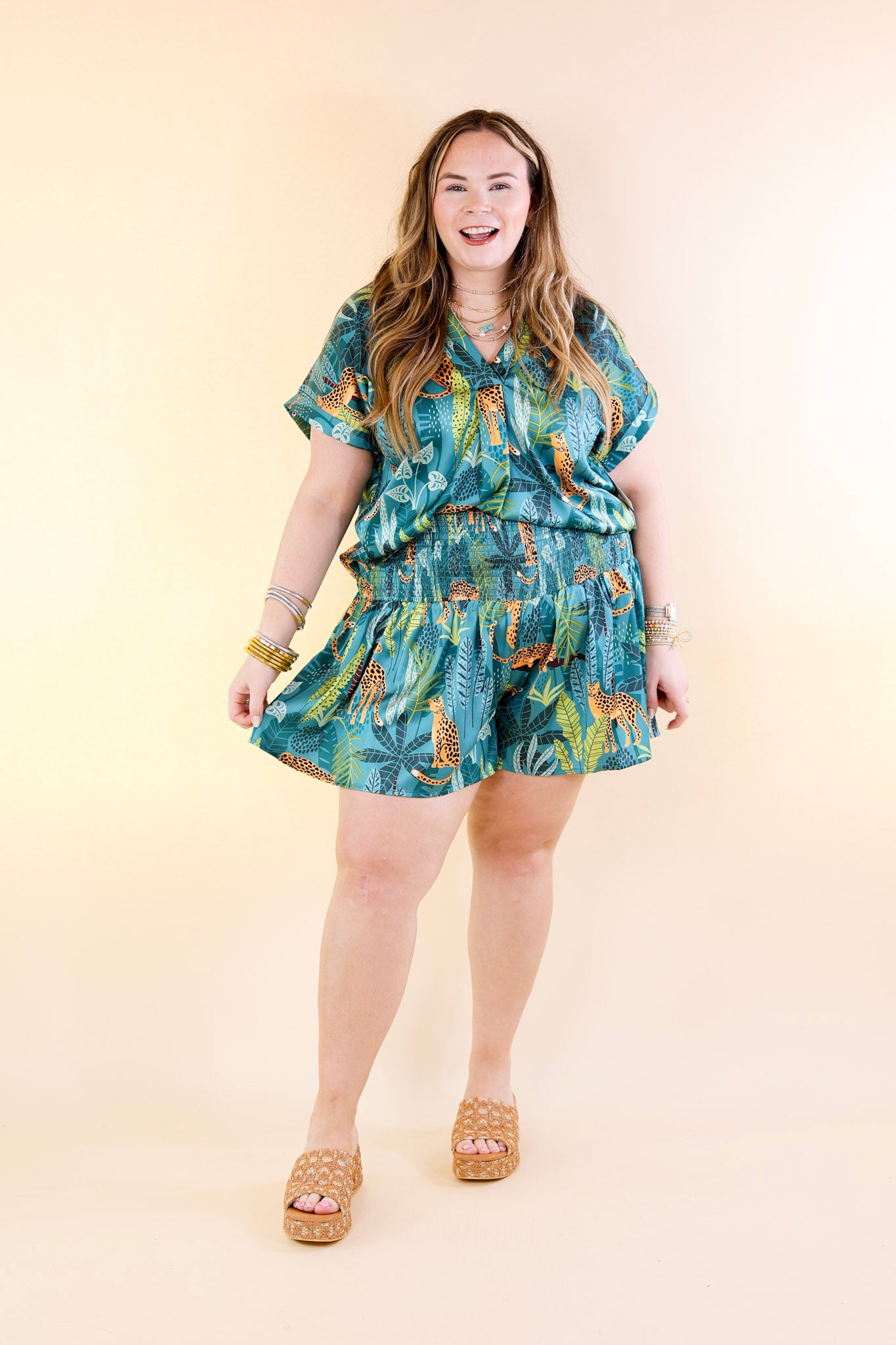 Center of Attention Jungle Print Flowy Shorts in Teal Blue