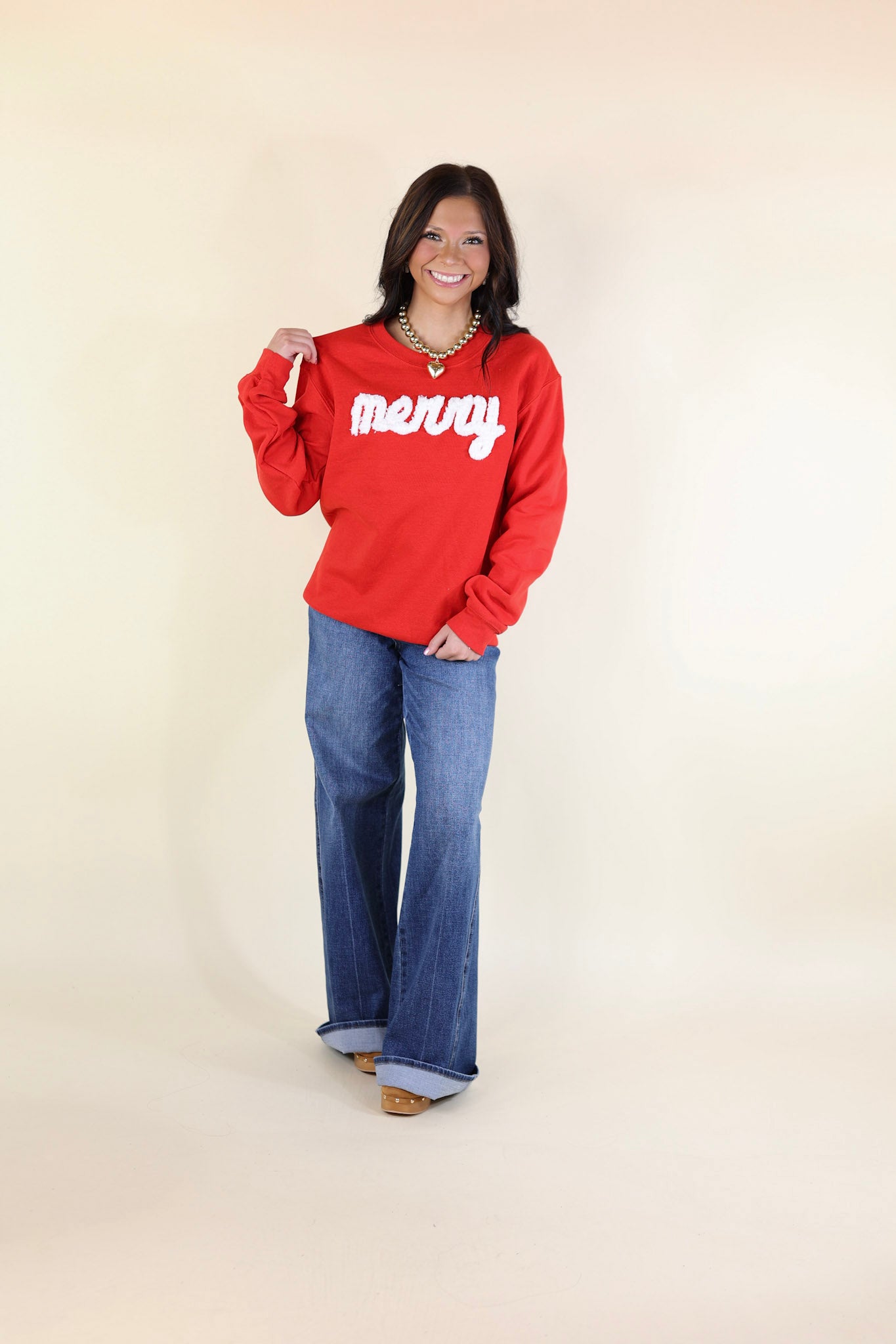 Merry Hand Stitched Christmas Graphic Sweatshirt in Red