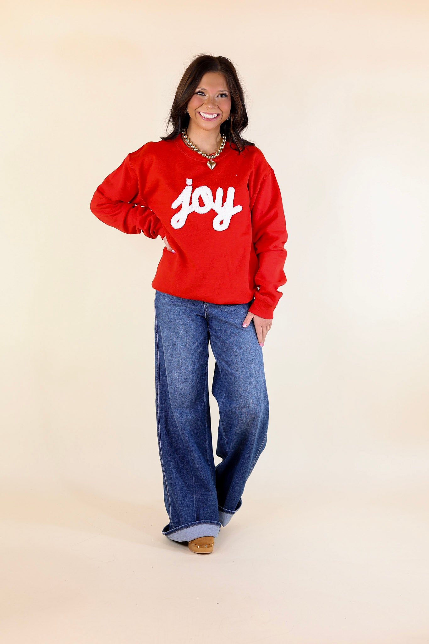 Joy Hand Stitched Christmas Graphic Sweatshirt in Red