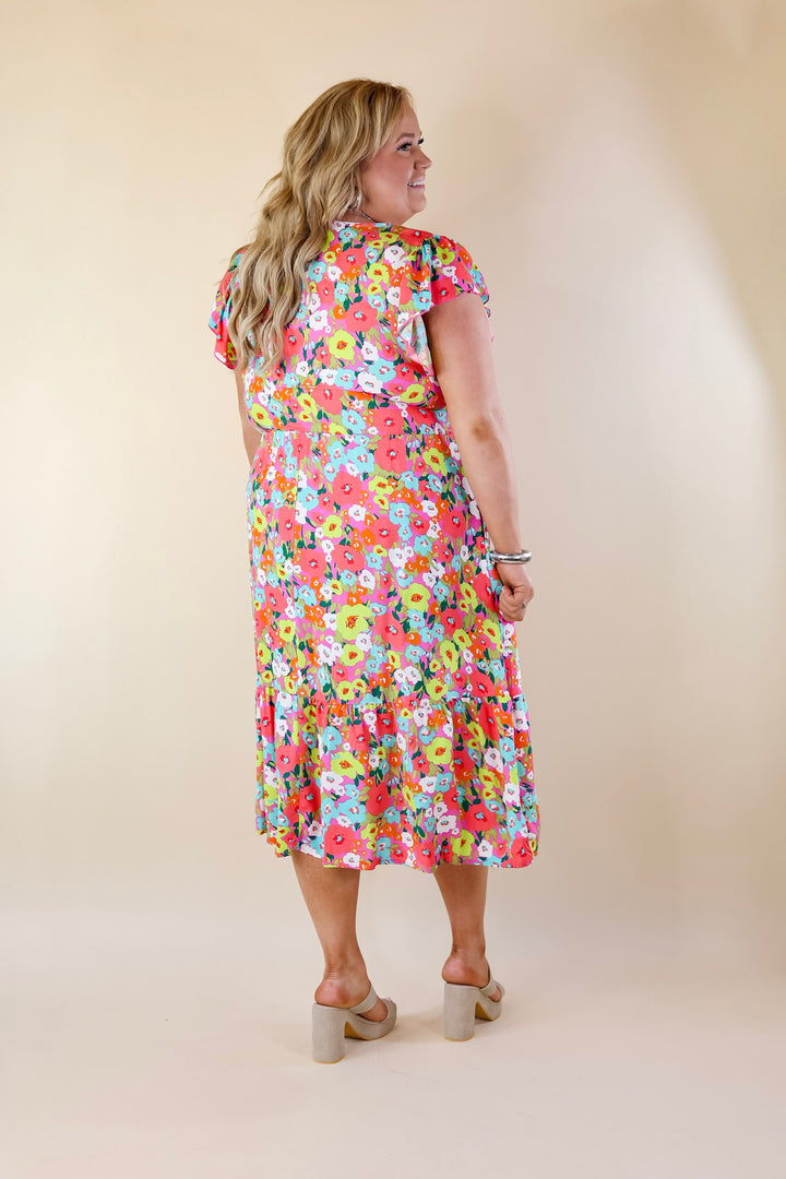 Coastal Charisma Floral Midi Dress with Ruffle Cap Sleeves in Pink Mix - Giddy Up Glamour Boutique