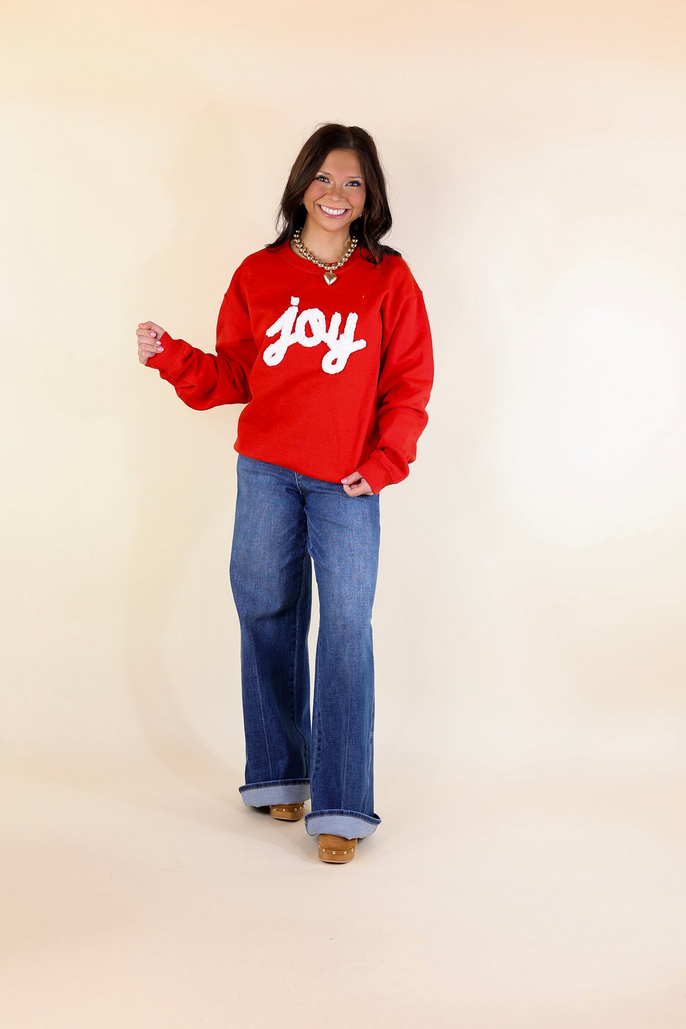 Joy Hand Stitched Christmas Graphic Sweatshirt in Red