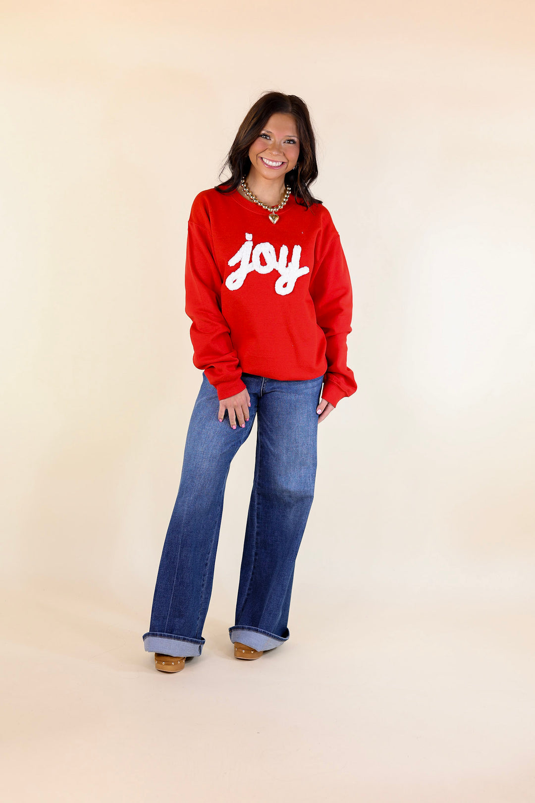 Joy Hand Stitched Christmas Graphic Sweatshirt in Red