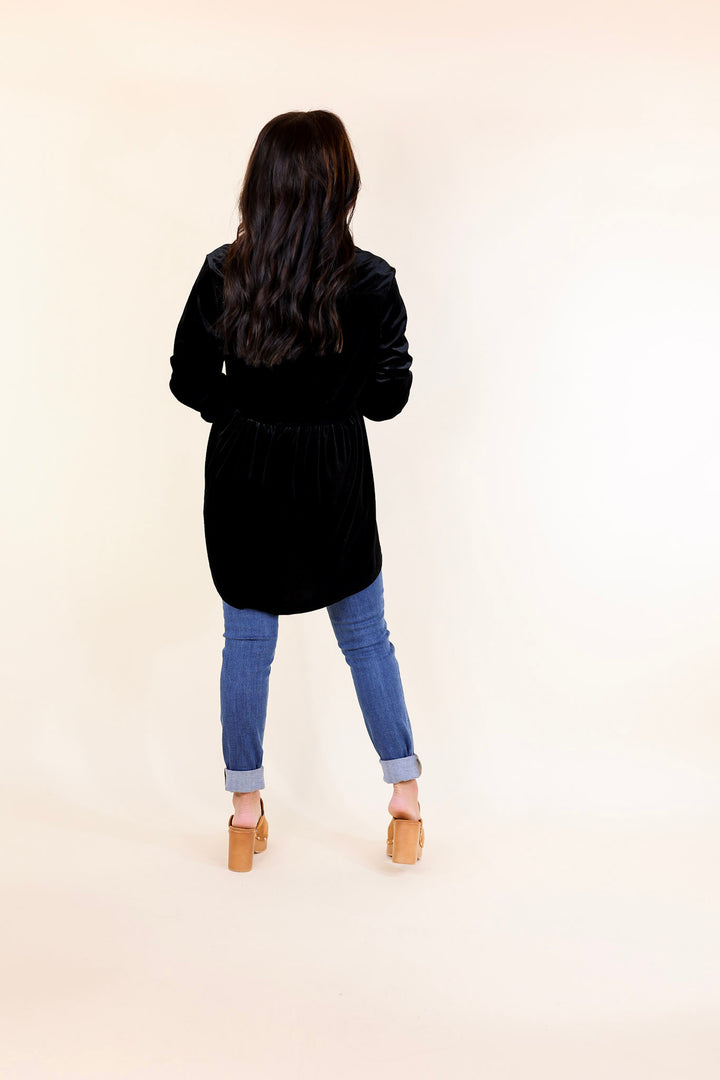 Call Me Yours Button Up Velvet Long Sleeve Babydoll Tunic Top in Black