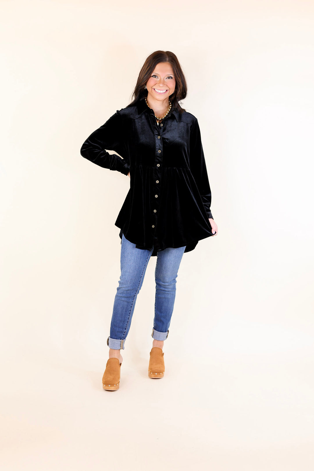 Call Me Yours Button Up Velvet Long Sleeve Babydoll Tunic Top in Black
