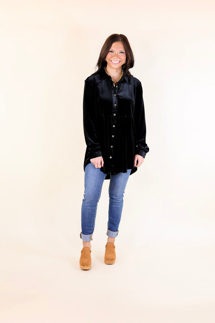 Call Me Yours Button Up Velvet Long Sleeve Babydoll Tunic Top in Black