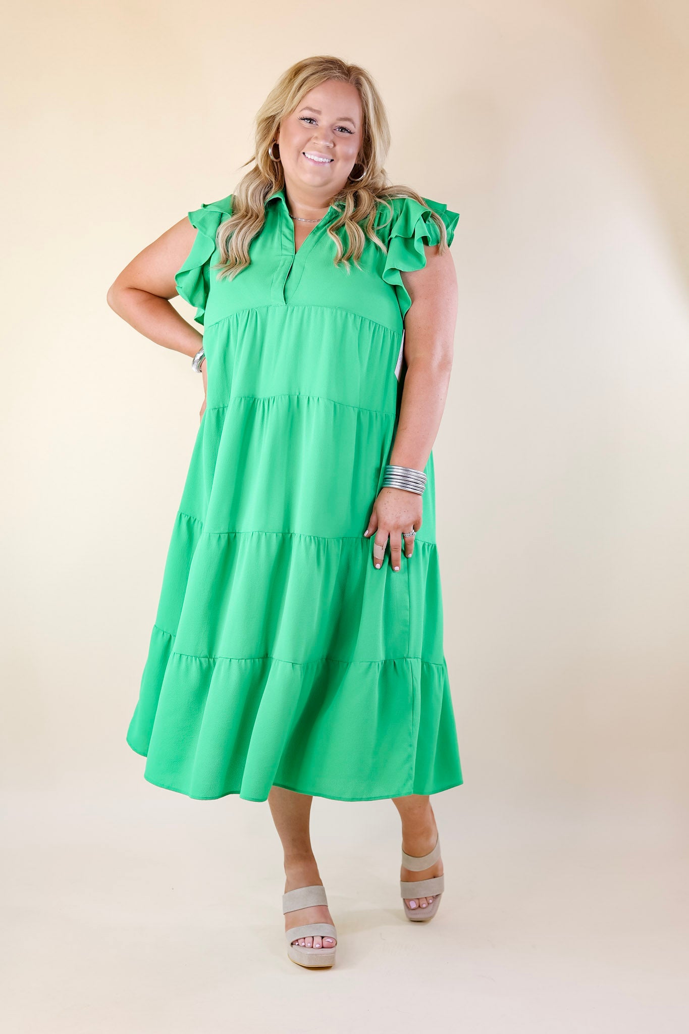 All Of A Sudden Tiered Midi Dress with Ruffle Cap Sleeves in Green - Giddy Up Glamour Boutique