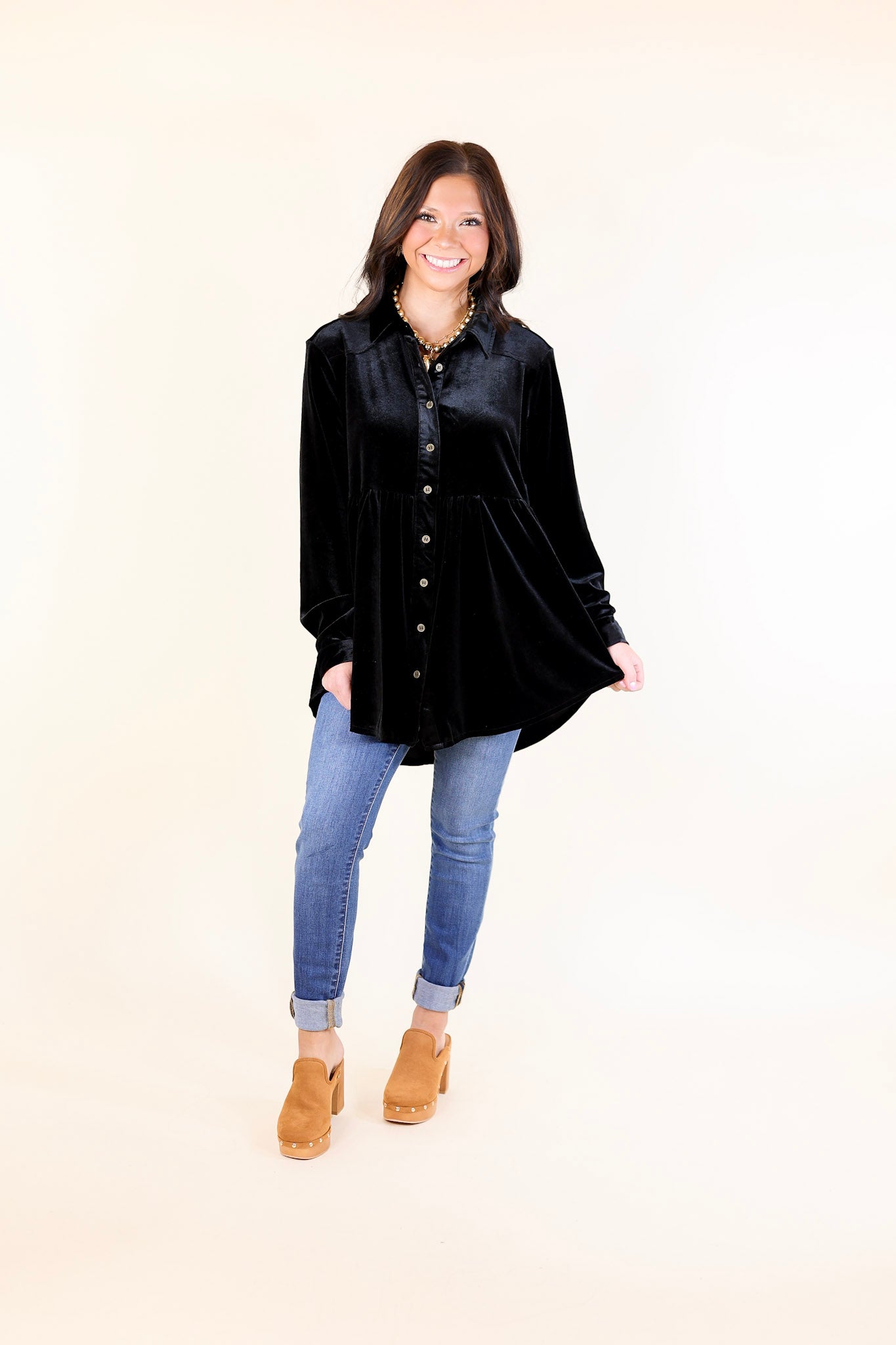 Call Me Yours Button Up Velvet Long Sleeve Babydoll Tunic Top in Black