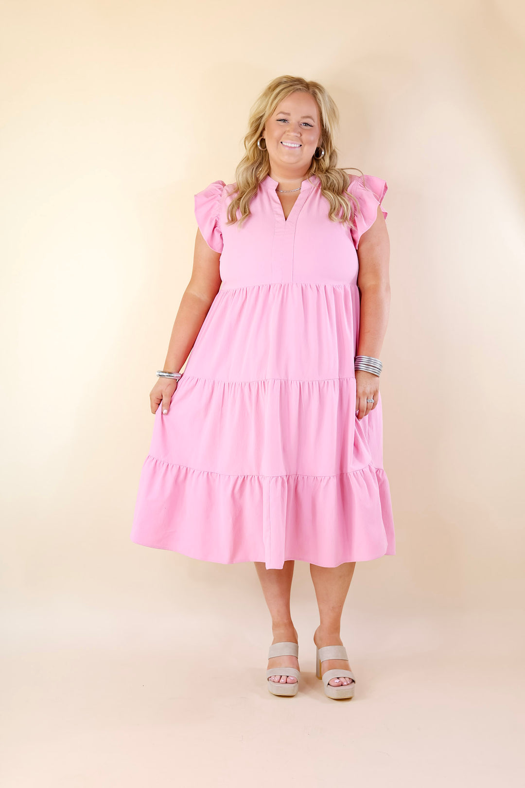 Magnolia Morning Ruffle Cap Sleeve Tiered Midi Dress in Pink - Giddy Up Glamour Boutique