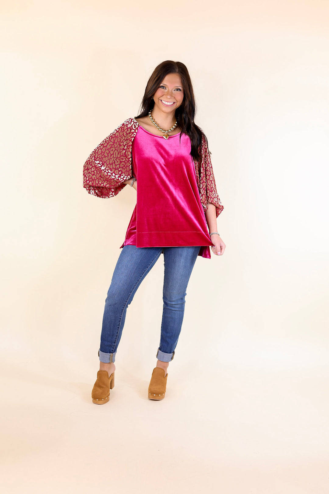Keeping Warm Animal Print Velvet Half Sleeve Blouse in Raspberry Red
