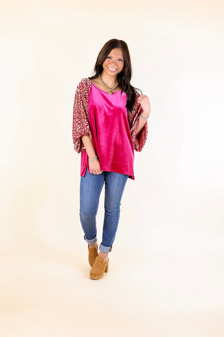 Keeping Warm Animal Print Velvet Half Sleeve Blouse in Raspberry Red