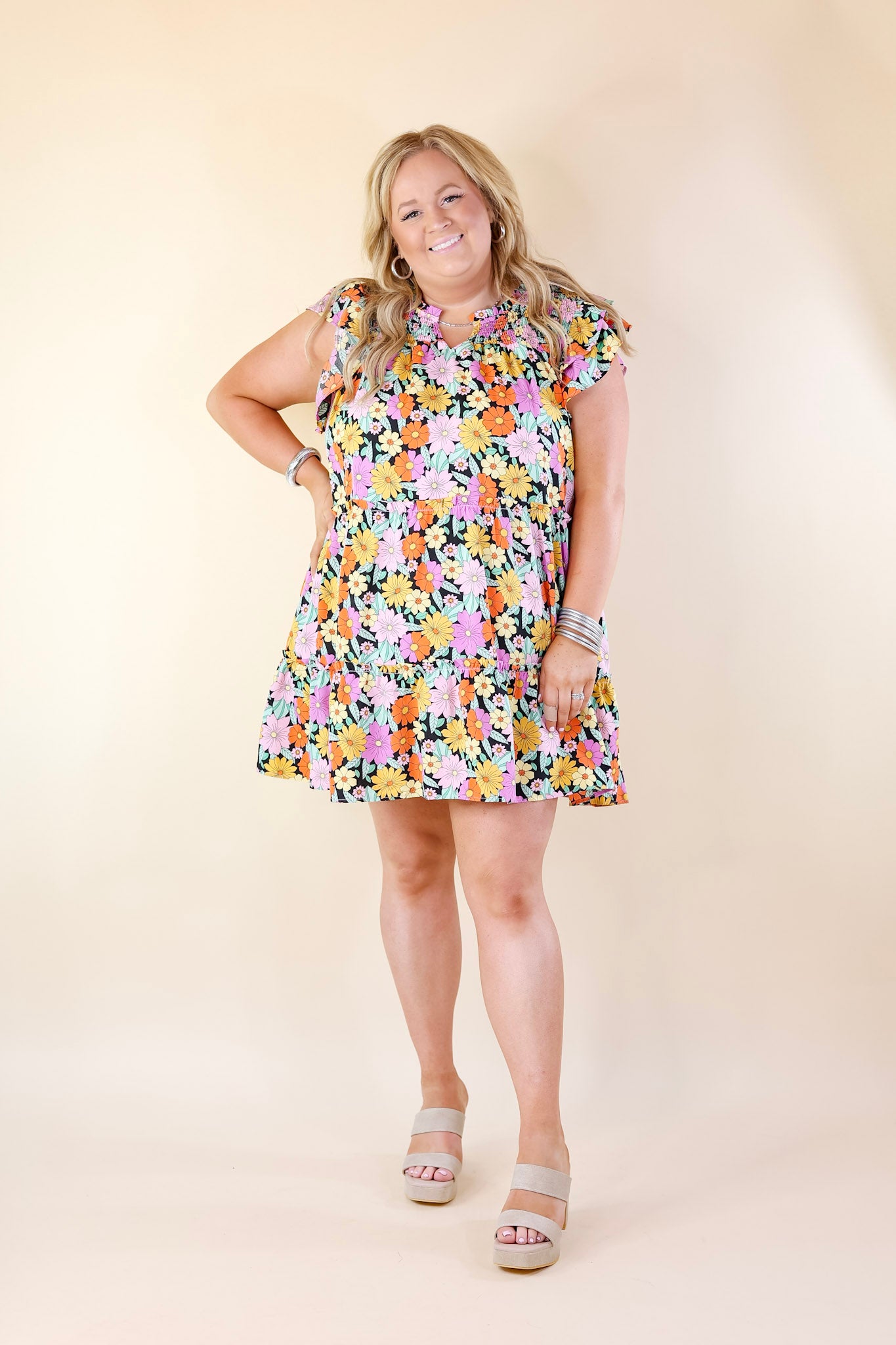 Pretty Days Floral Notched Neckline Dress in Black - Giddy Up Glamour Boutique