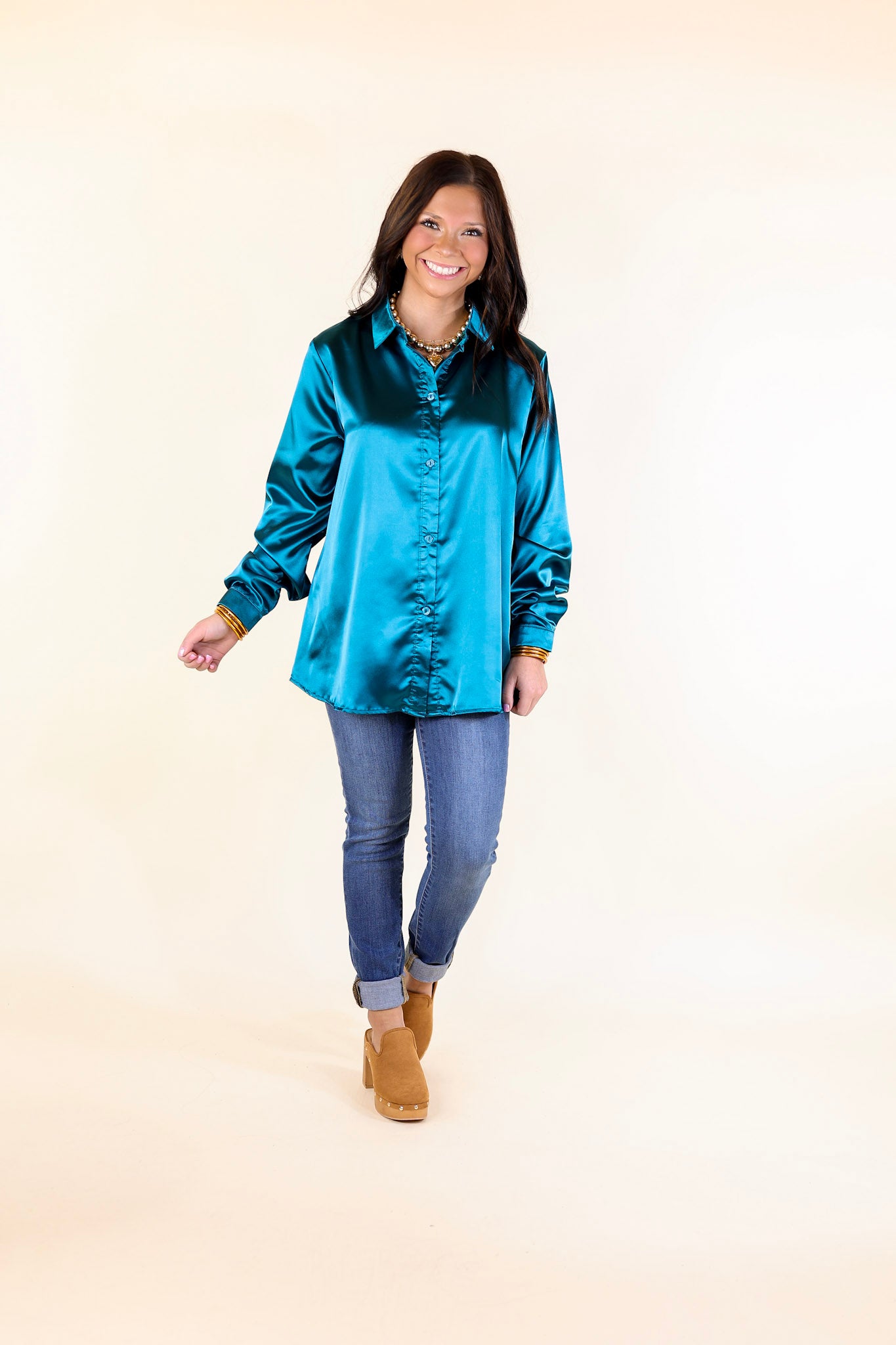 Down To Disco Satin Long Sleeve Button Up Top in Teal Blue