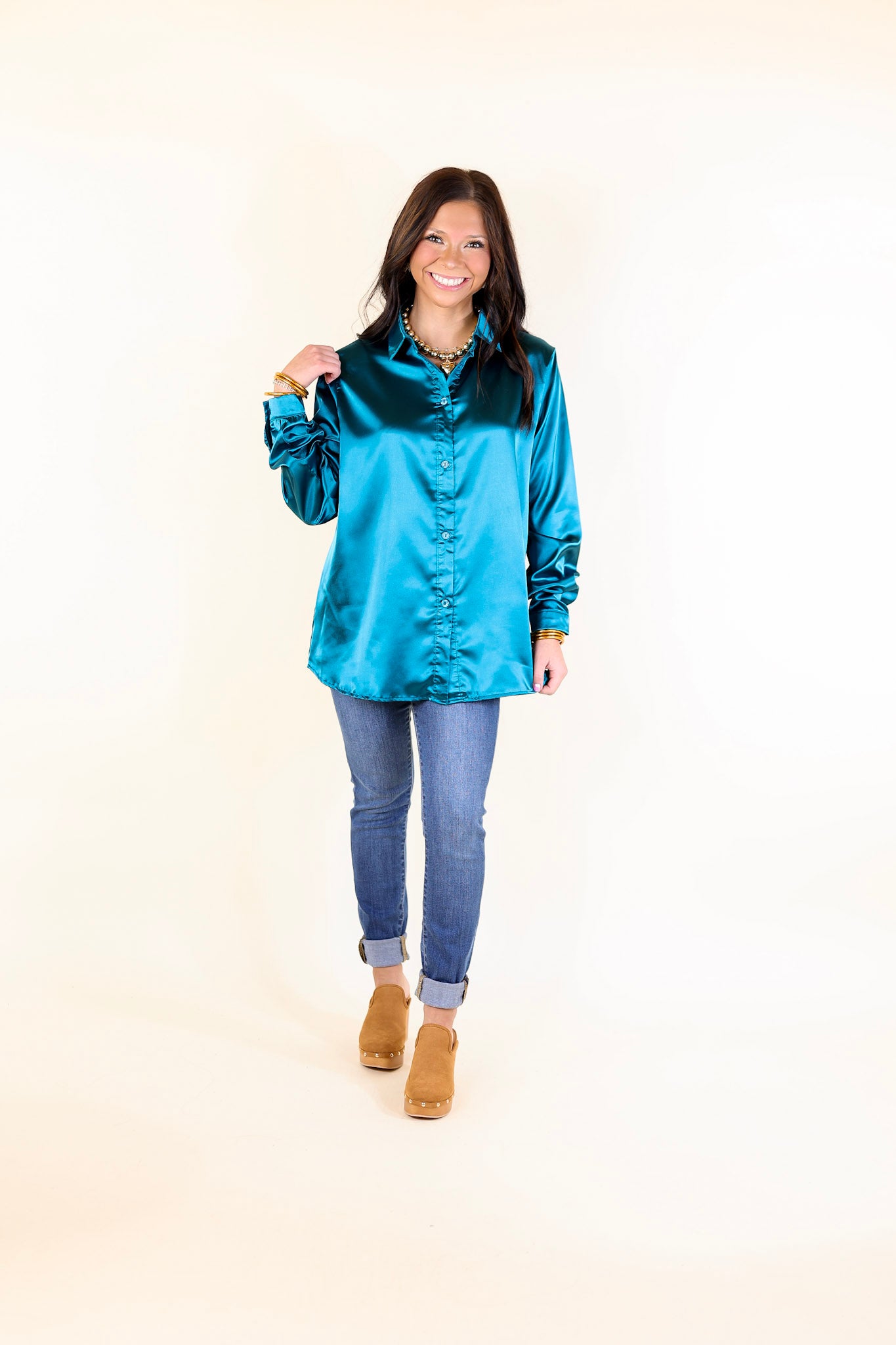 Down To Disco Satin Long Sleeve Button Up Top in Teal Blue