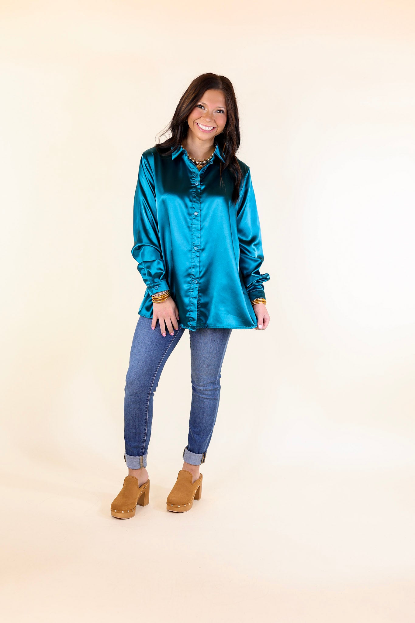 Down To Disco Satin Long Sleeve Button Up Top in Teal Blue