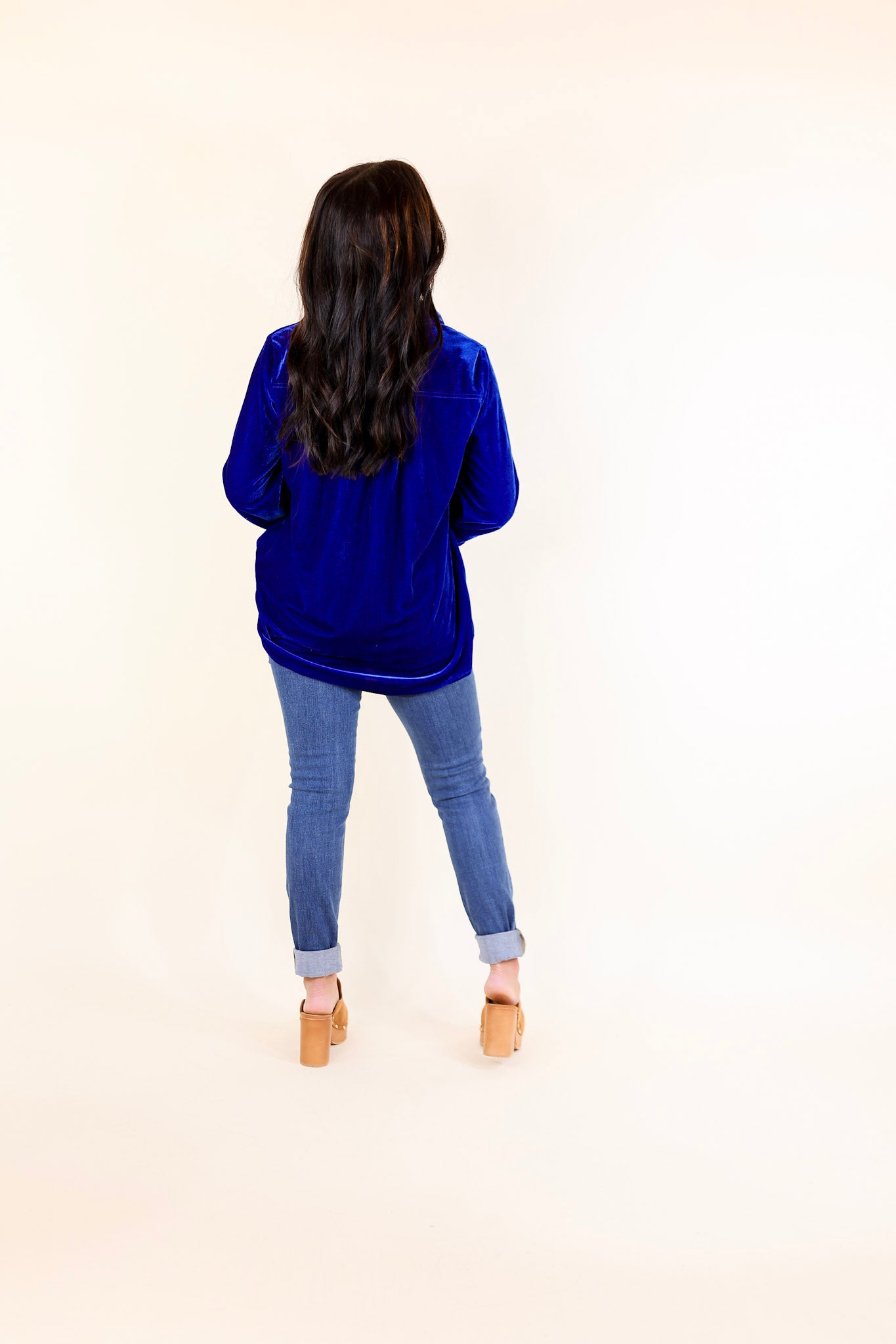 Candy Apple Evening Button Up Velvet Long Sleeve Blouse in Royal Blue