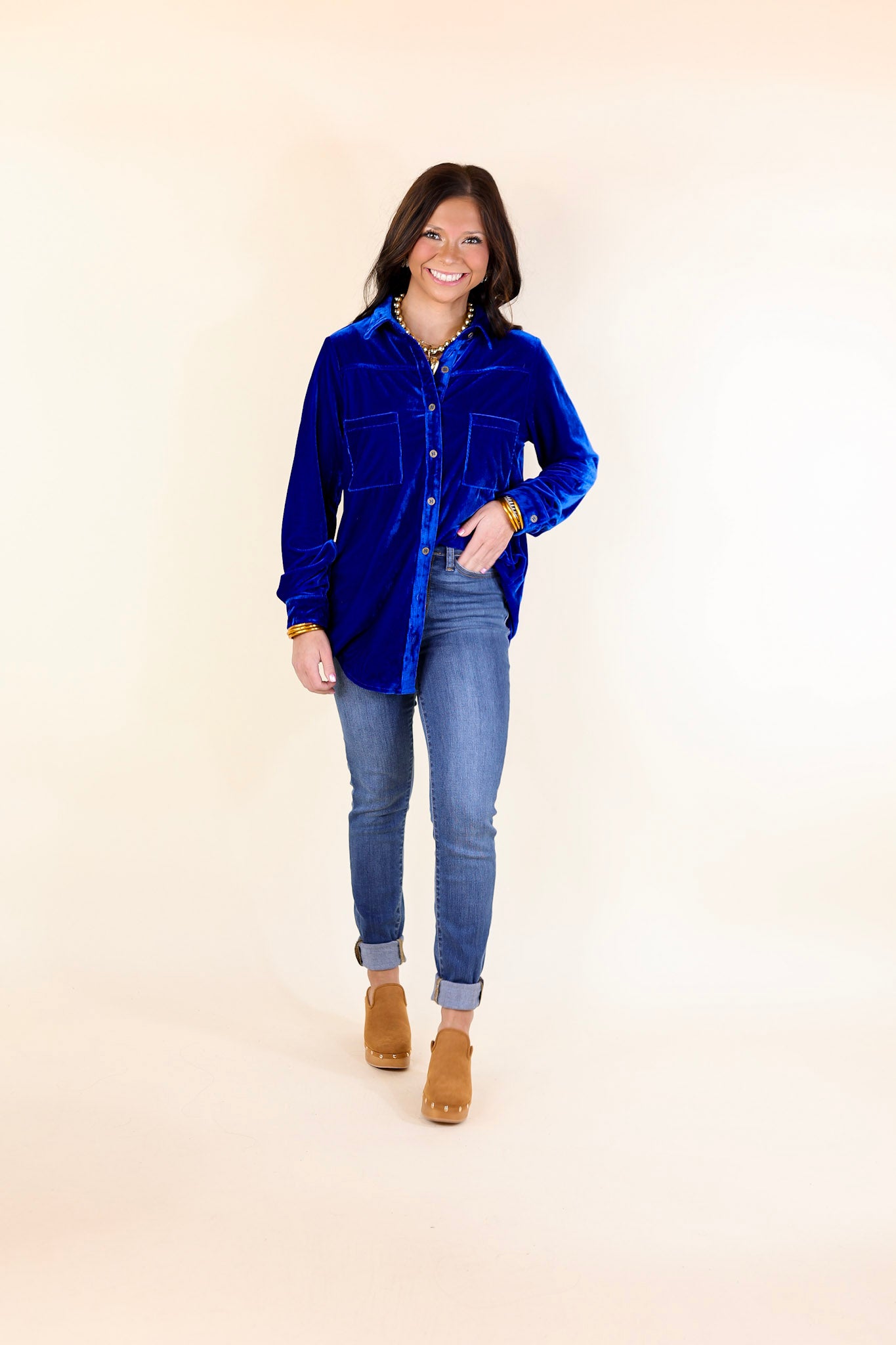 Candy Apple Evening Button Up Velvet Long Sleeve Blouse in Royal Blue