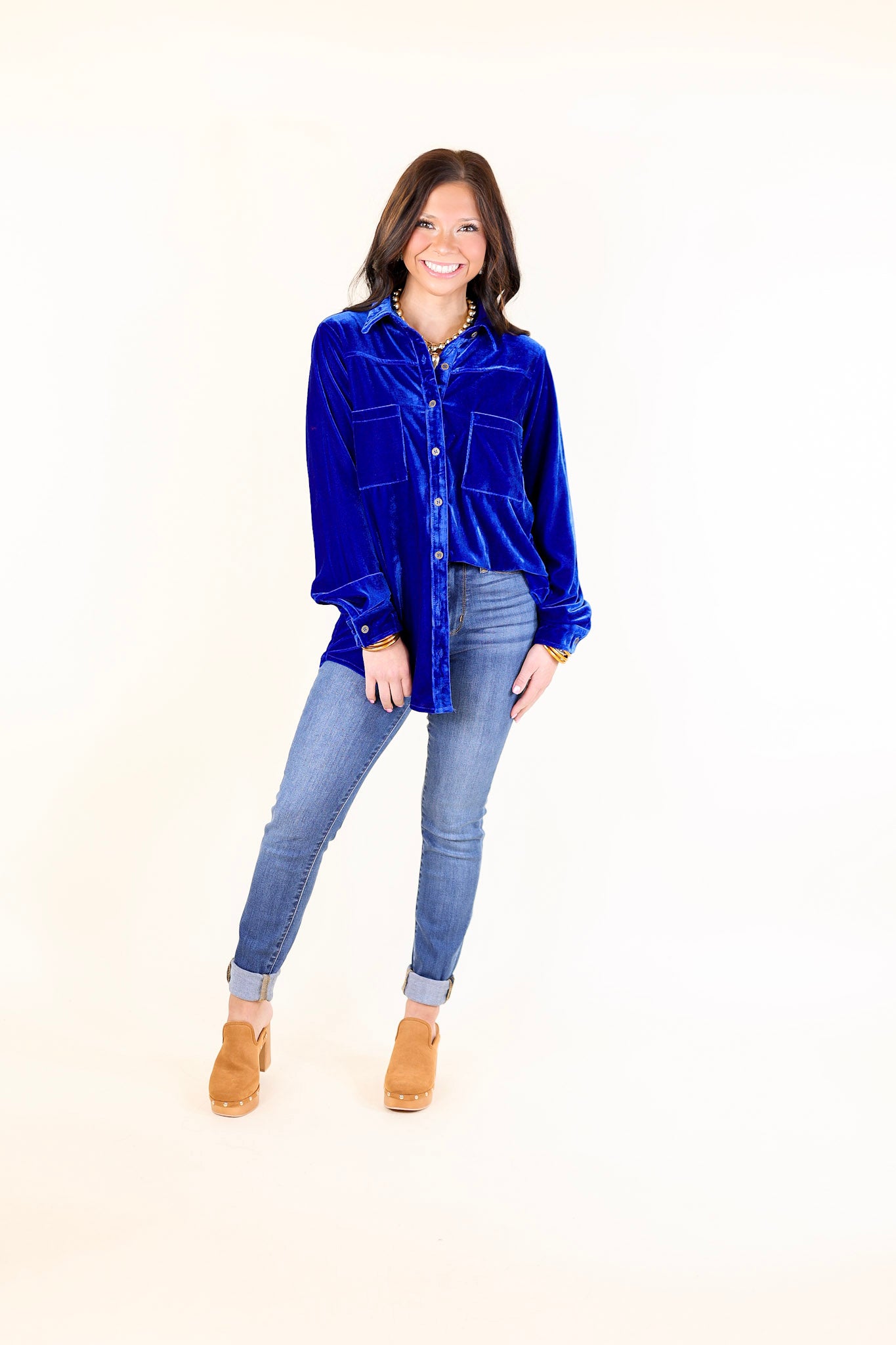 Candy Apple Evening Button Up Velvet Long Sleeve Blouse in Royal Blue