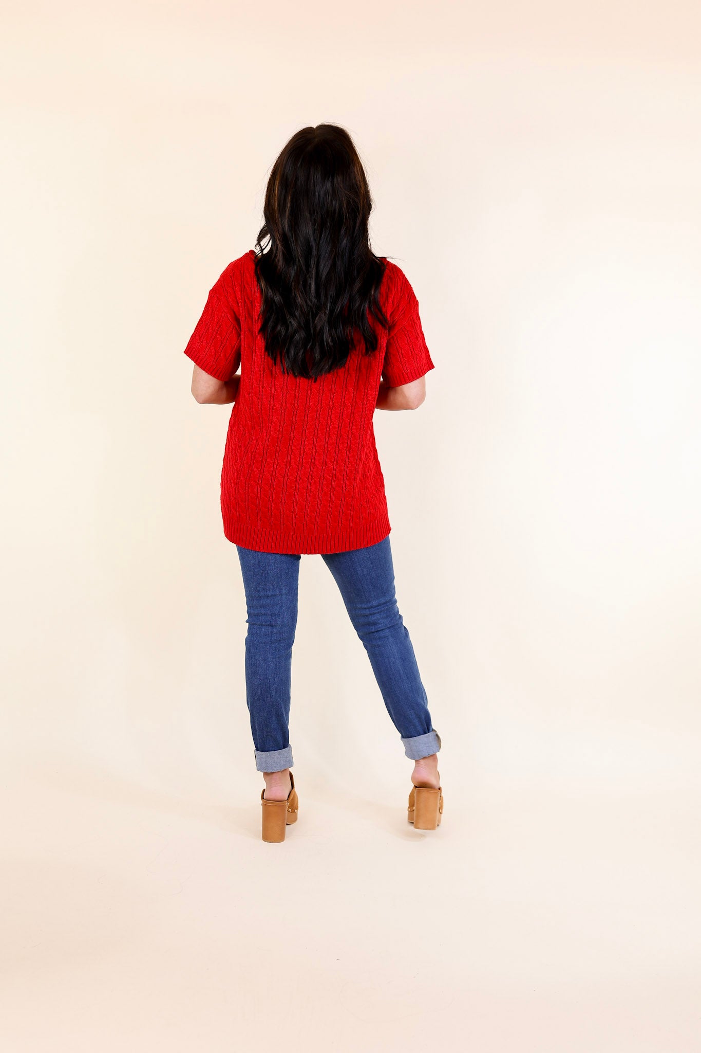 Day Date Short Sleeve Sweater with Scoop Neckline in Red