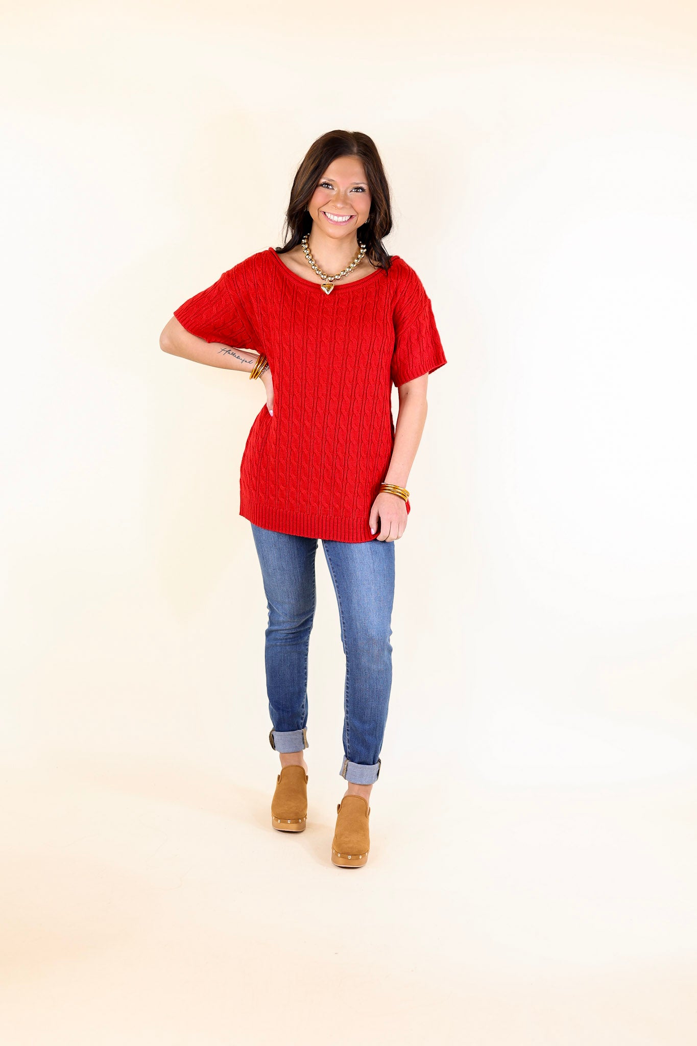 Day Date Short Sleeve Sweater with Scoop Neckline in Red