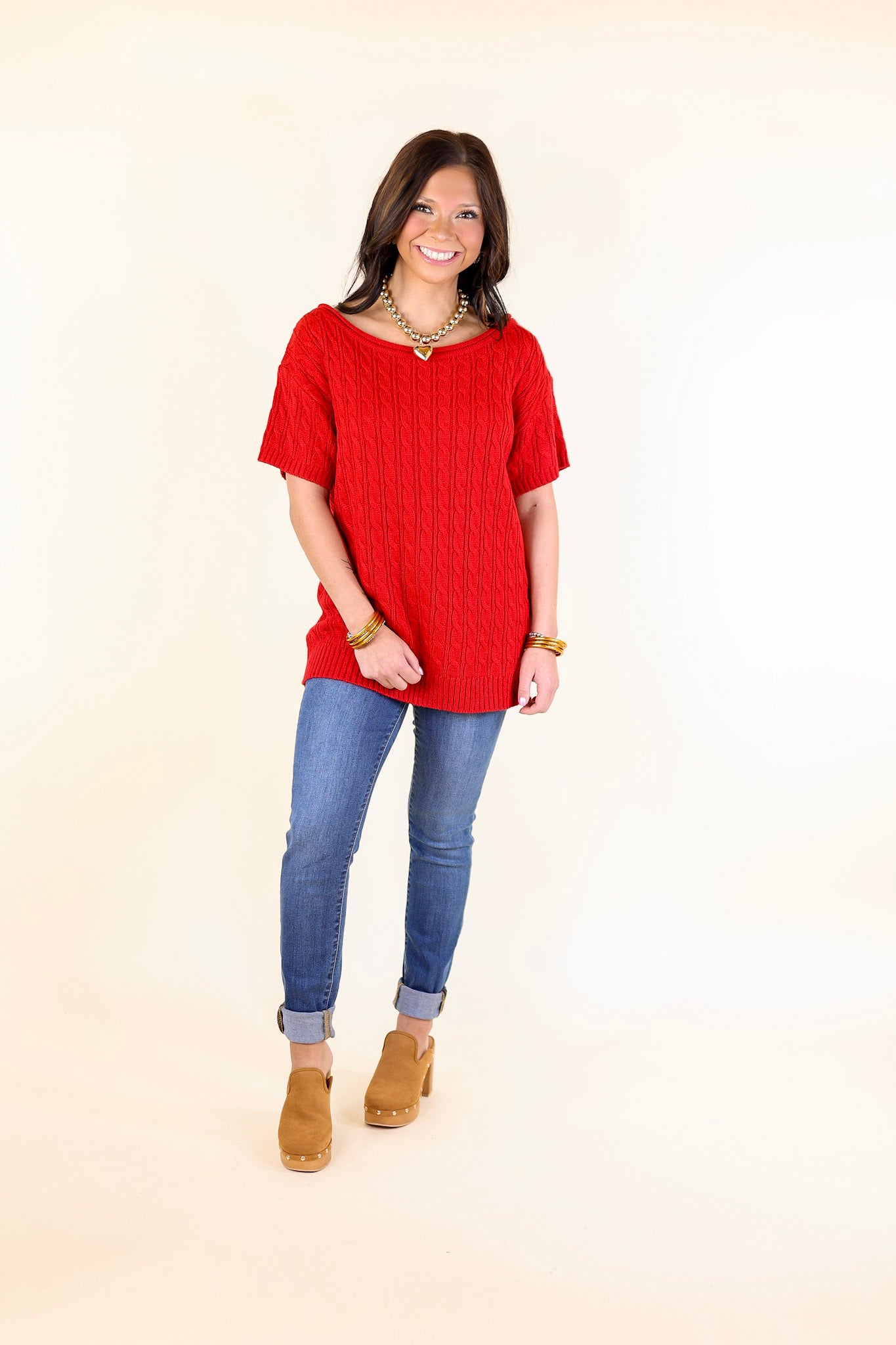 Day Date Short Sleeve Sweater with Scoop Neckline in Red