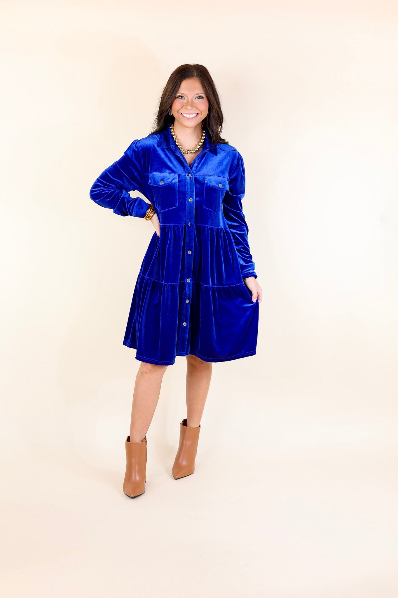 Grateful Gathering Velvet Button Up Dress with Long Sleeves in Royal Blue