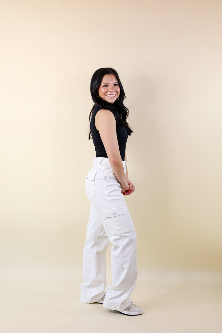 Judy Blue | Chic Efforts Cargo Straight Leg Jeans in White - Giddy Up Glamour Boutique