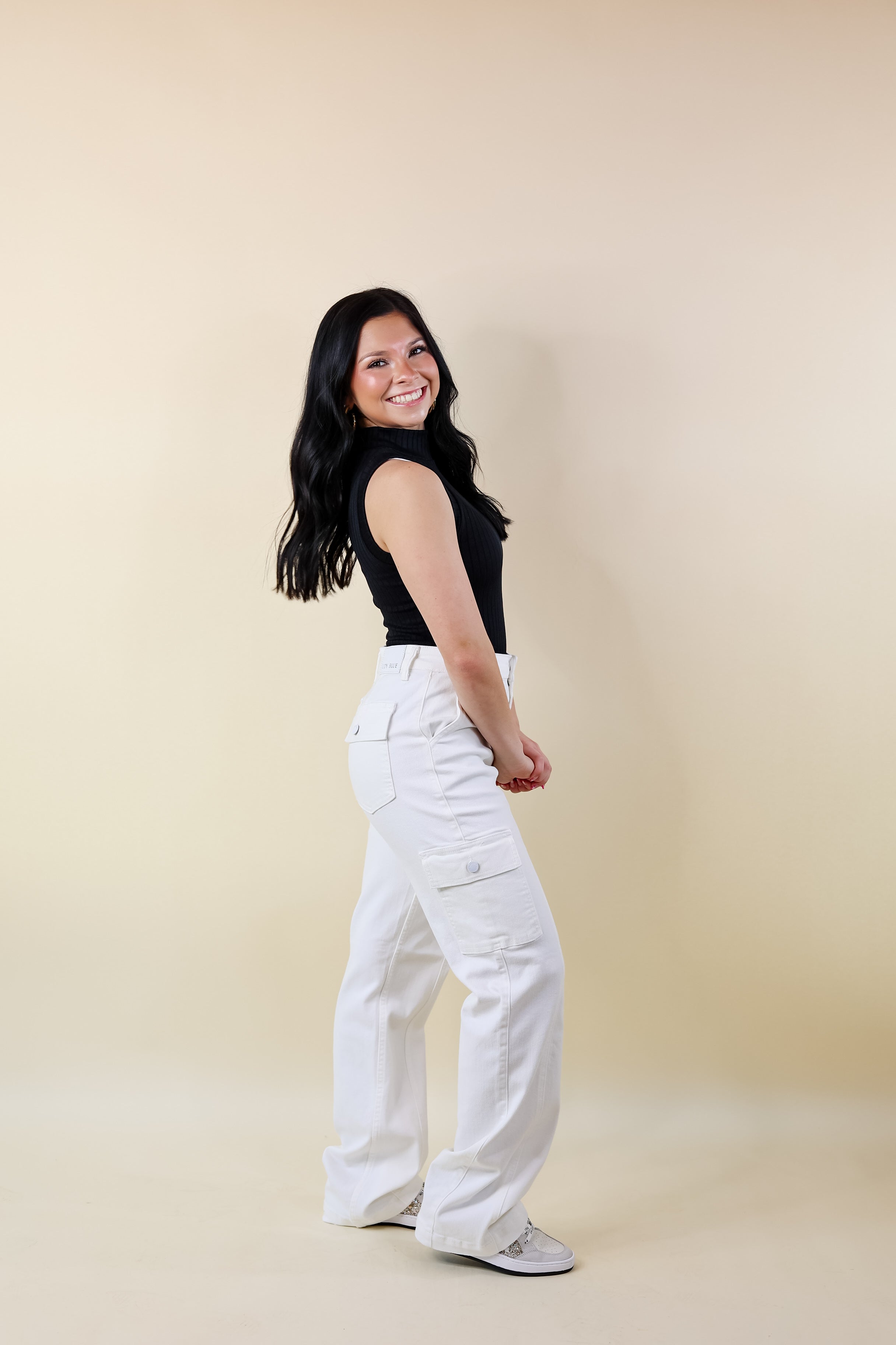 Judy Blue | Chic Efforts Cargo Straight Leg Jeans in White - Giddy Up Glamour Boutique