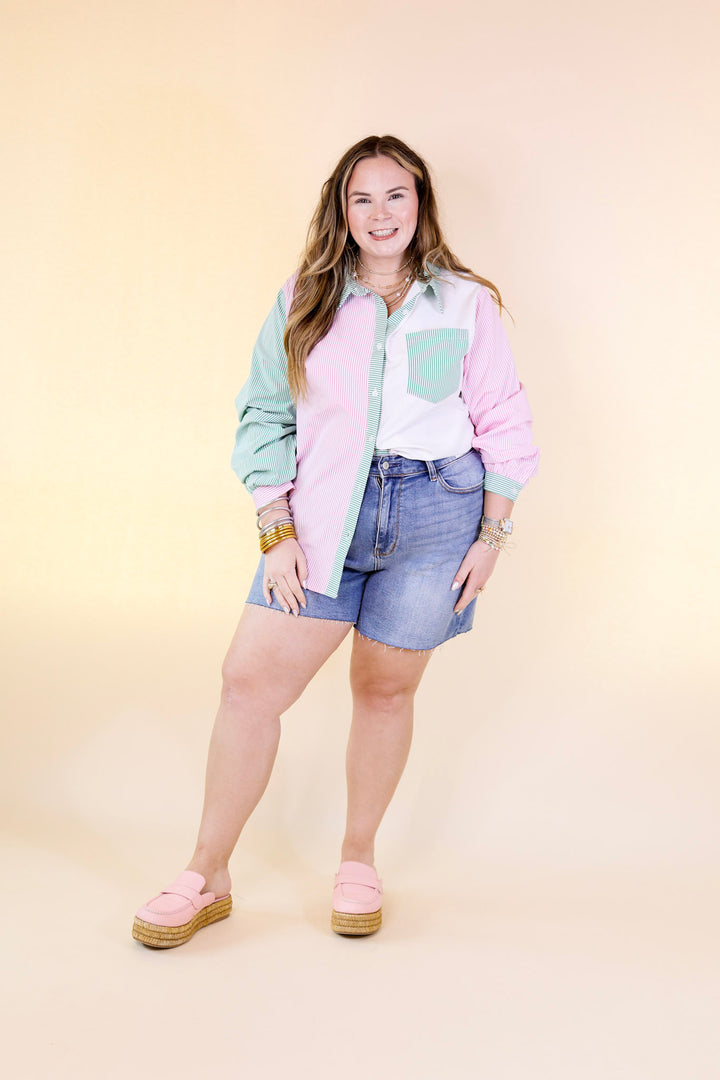 Picture This Pin Stripe Color Block Button Up Top in Pink and Green