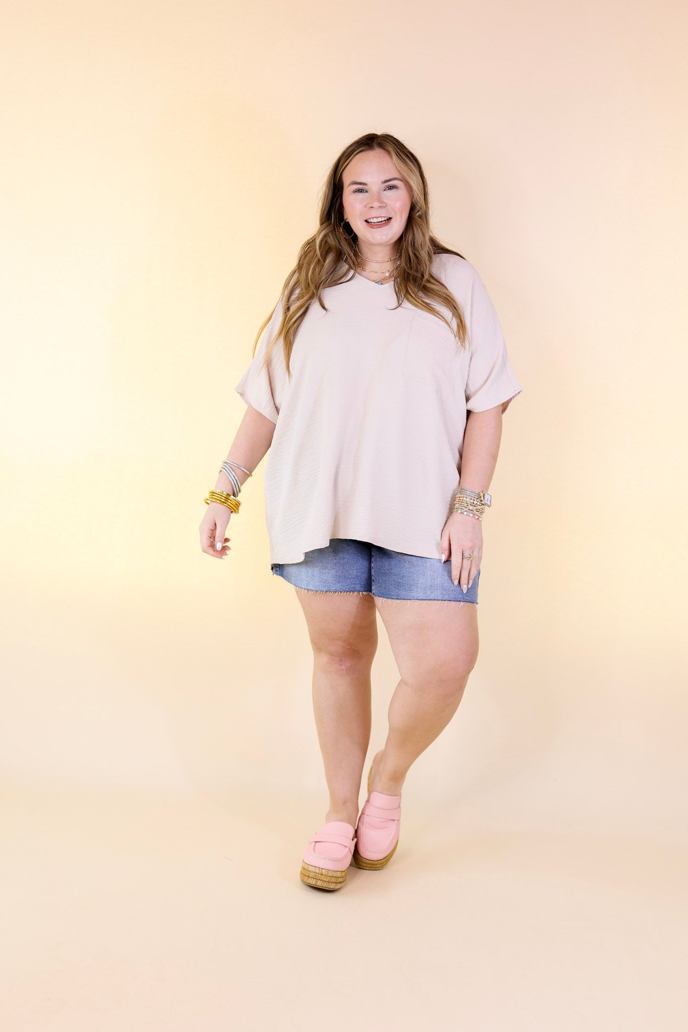 Try To Resist Short Sleeve V Neck Top with Front Pocket in Beige