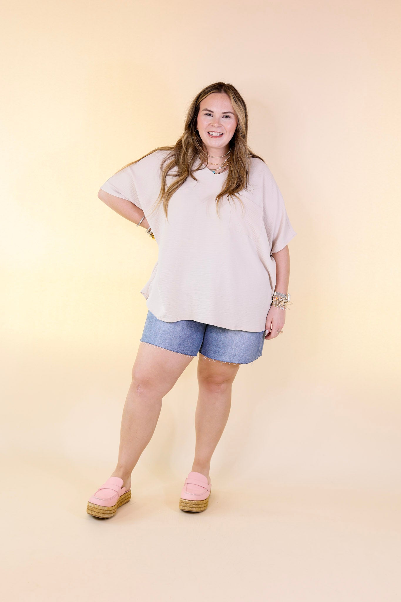 Try To Resist Short Sleeve V Neck Top with Front Pocket in Beige