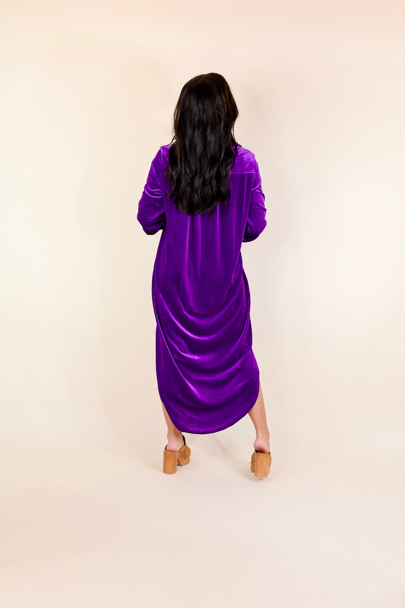 London Fog Velvet Button Up Midi Dress with Long Sleeves in Purple