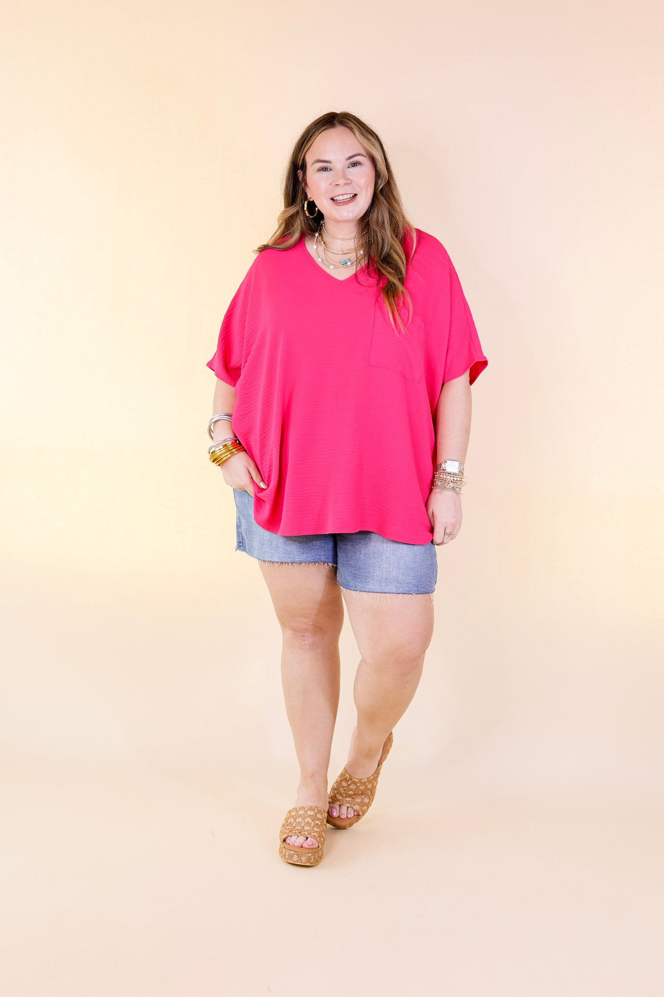 Try To Resist Short Sleeve V Neck Top with Front Pocket in Hot Pink