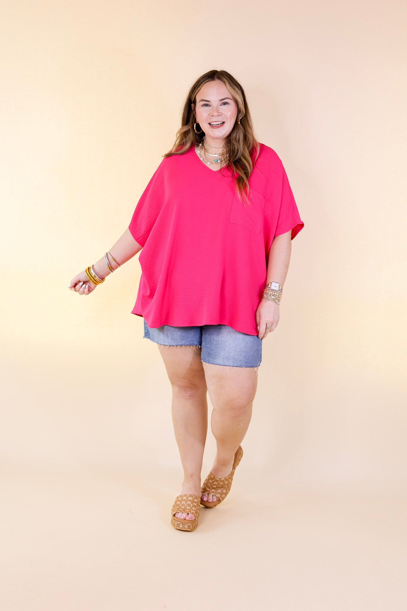 Try To Resist Short Sleeve V Neck Top with Front Pocket in Hot Pink