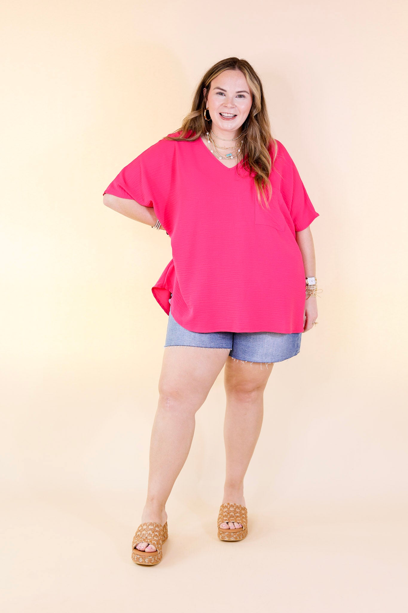 Try To Resist Short Sleeve V Neck Top with Front Pocket in Hot Pink