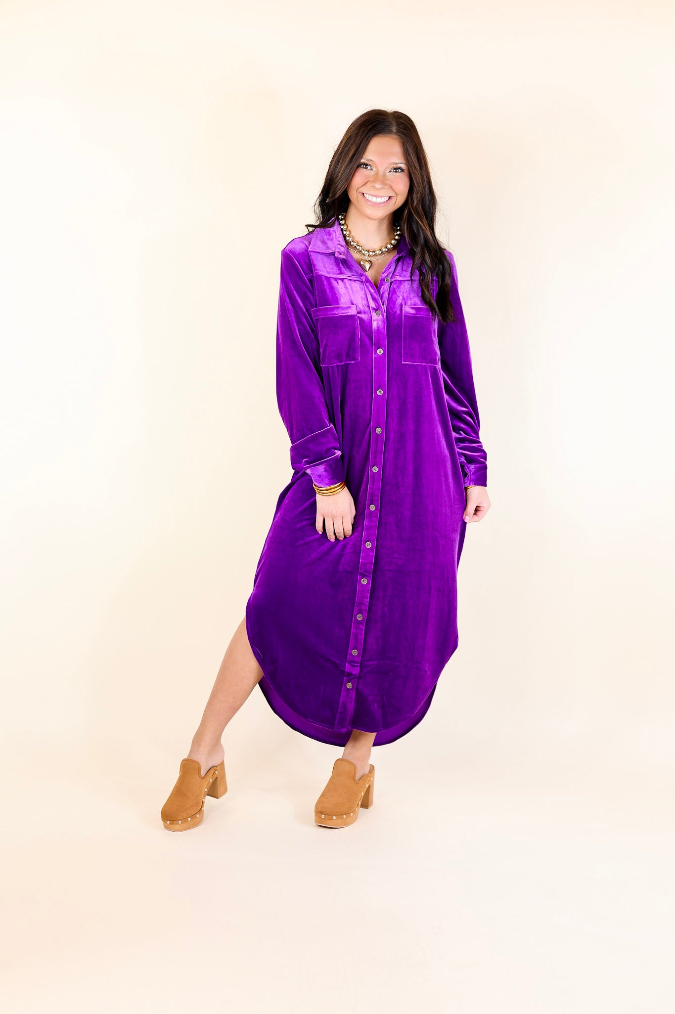 London Fog Velvet Button Up Midi Dress with Long Sleeves in Purple