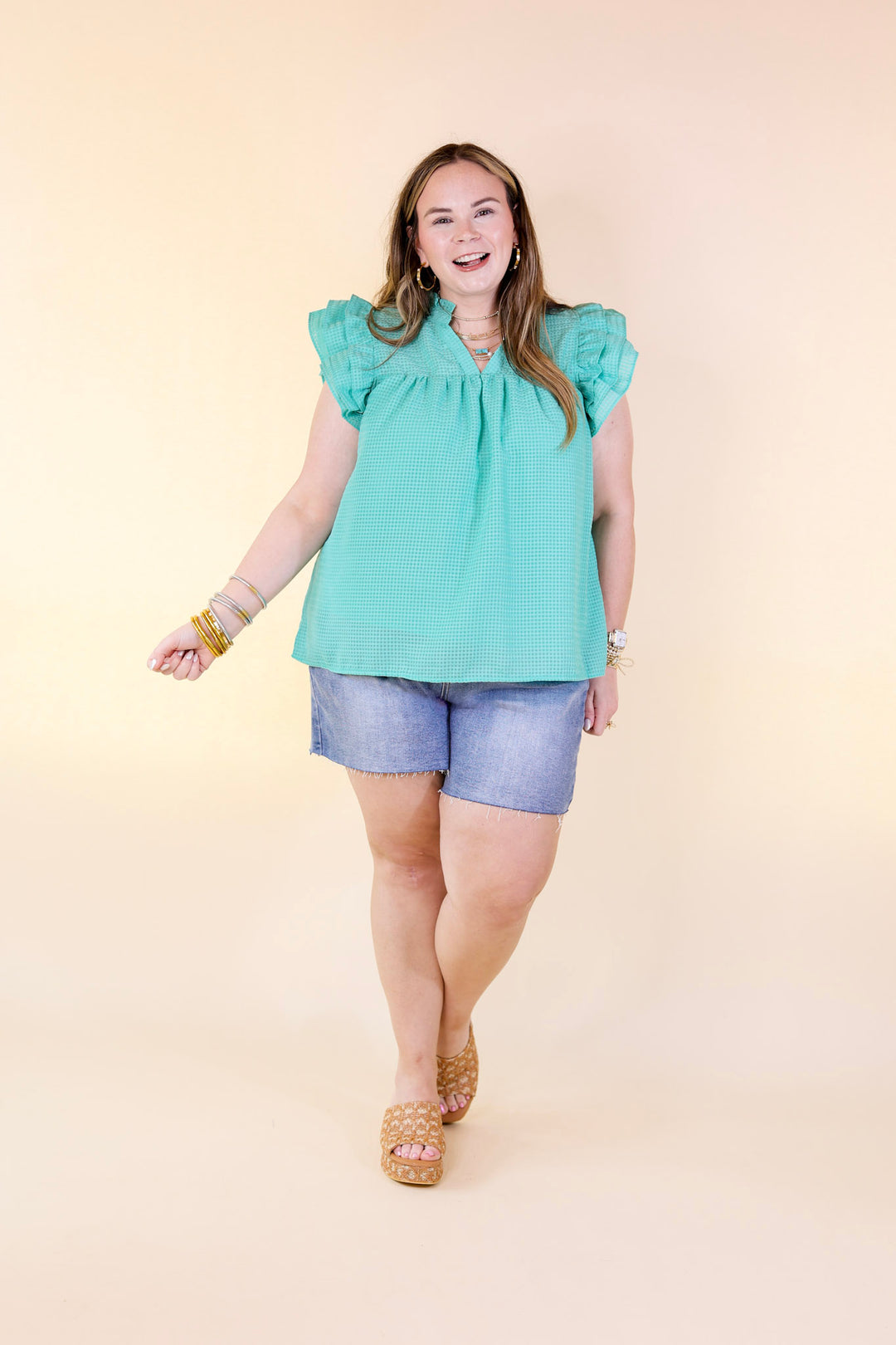 Last Chance Size 1XL | Perfectly Fabulous Ruffle Cap Sleeve Top in Mint Green