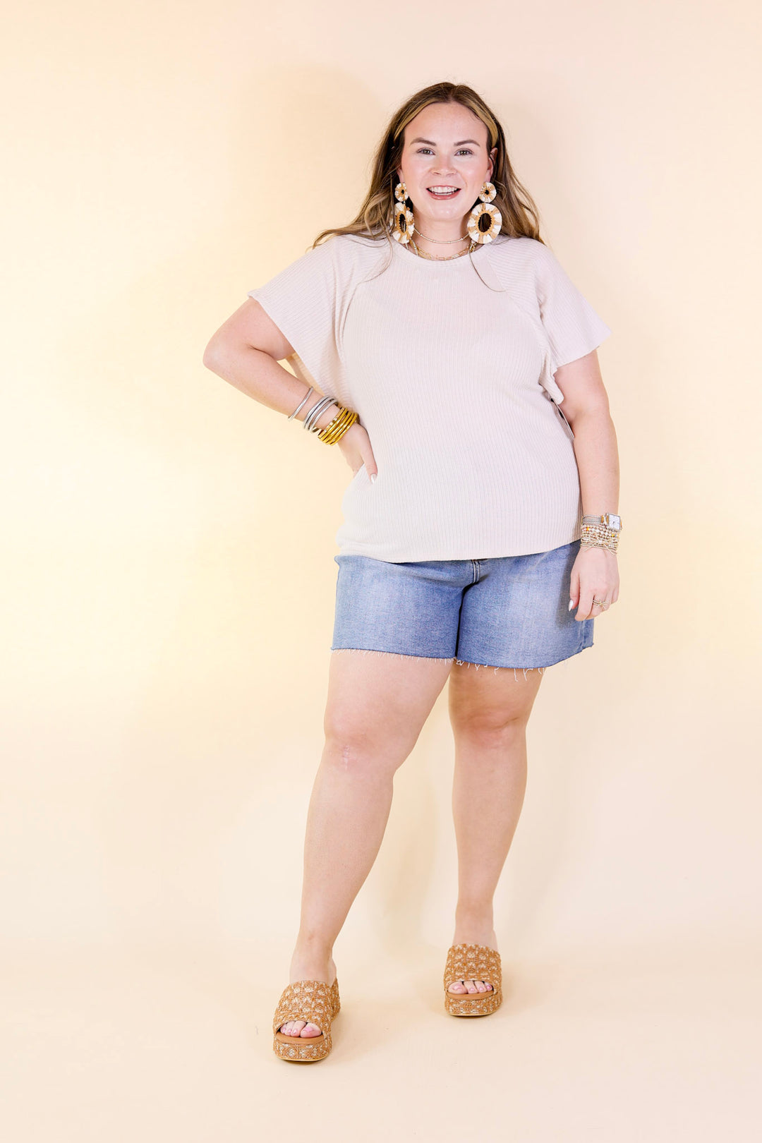 Last Chance Size 1XL | Clever and Kind Ribbed Short Sleeve Top in Cream