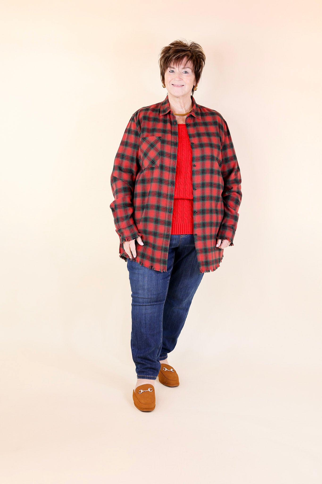 Coffee Run Button Up Plaid Flannel Top with Long Sleeves in Green and Red