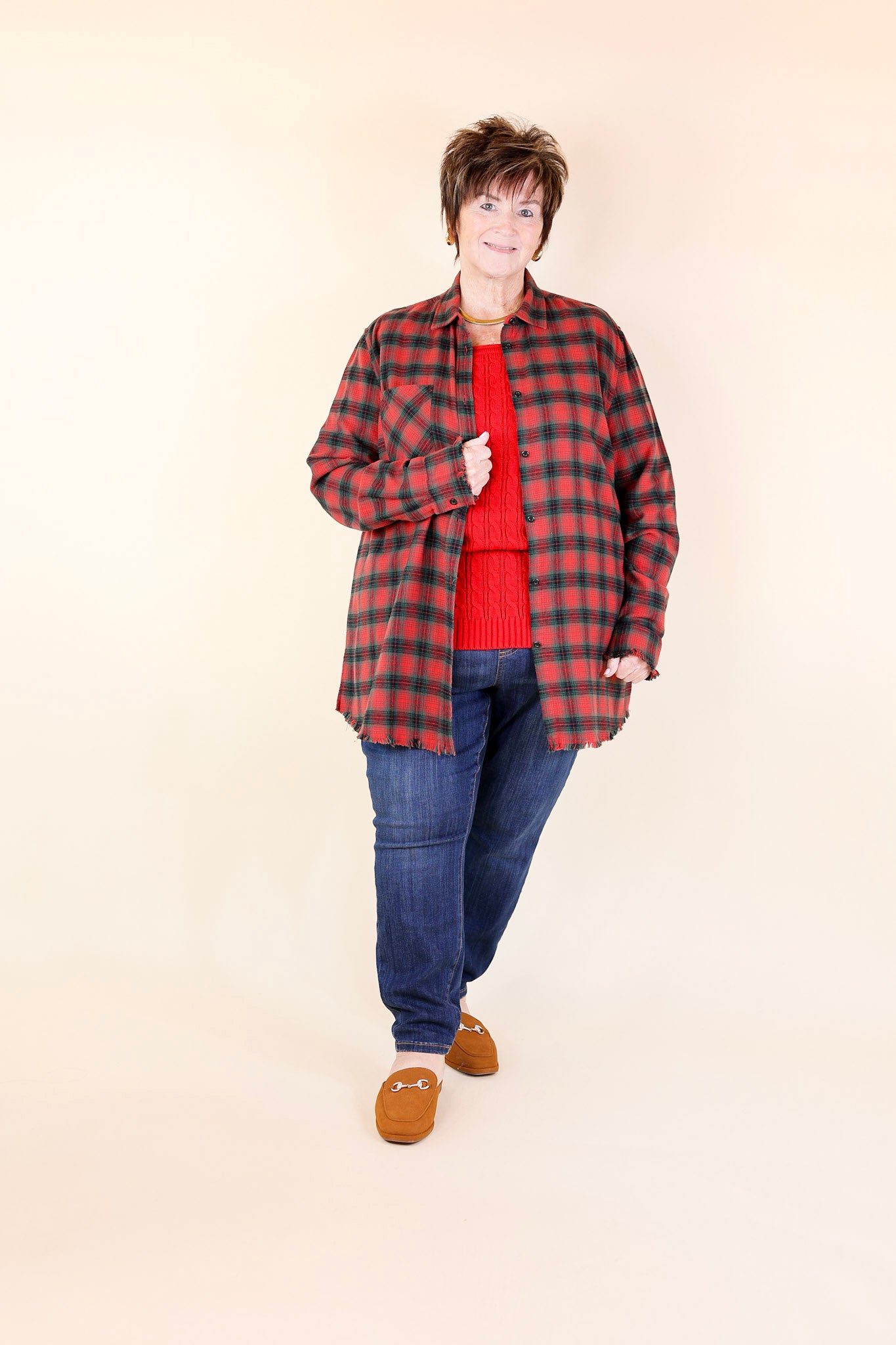 Coffee Run Button Up Plaid Flannel Top with Long Sleeves in Green and Red