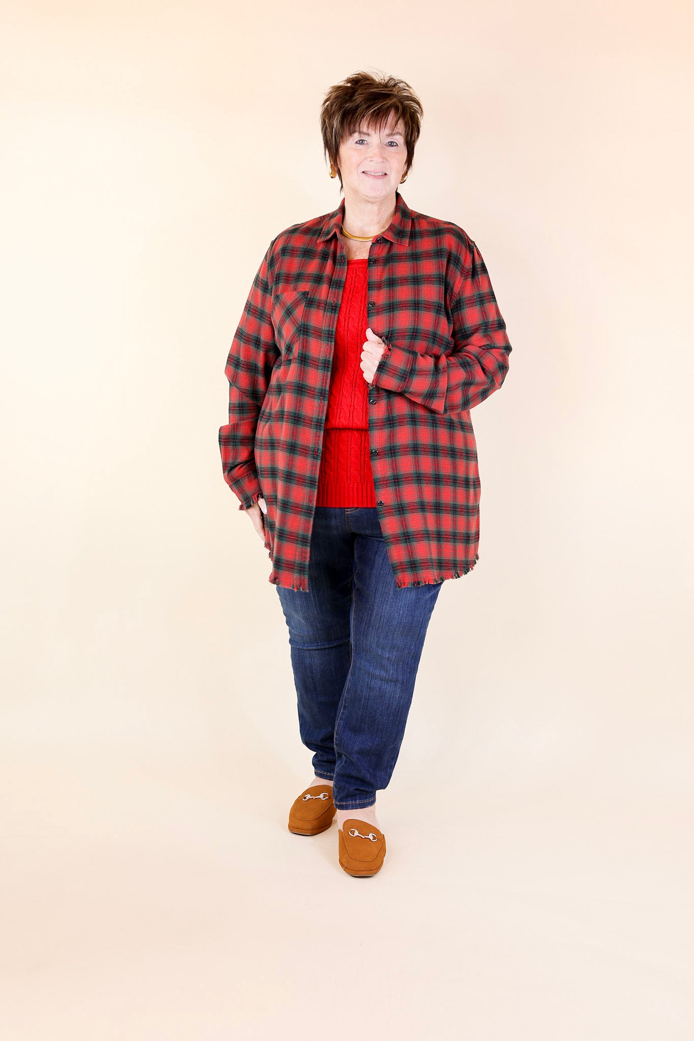 Coffee Run Button Up Plaid Flannel Top with Long Sleeves in Green and Red