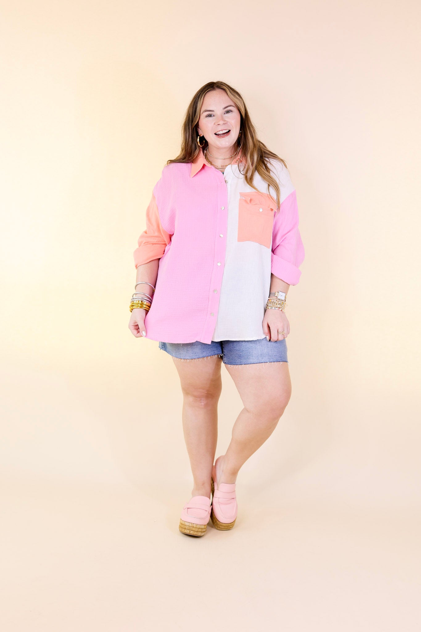 Highly Requested Button Up Color Block Top in Pink and Orange