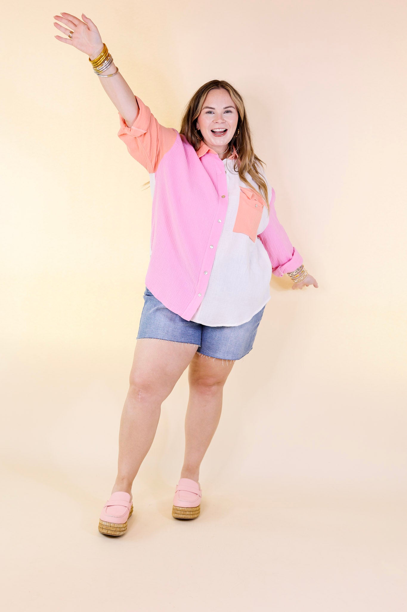 Highly Requested Button Up Color Block Top in Pink and Orange