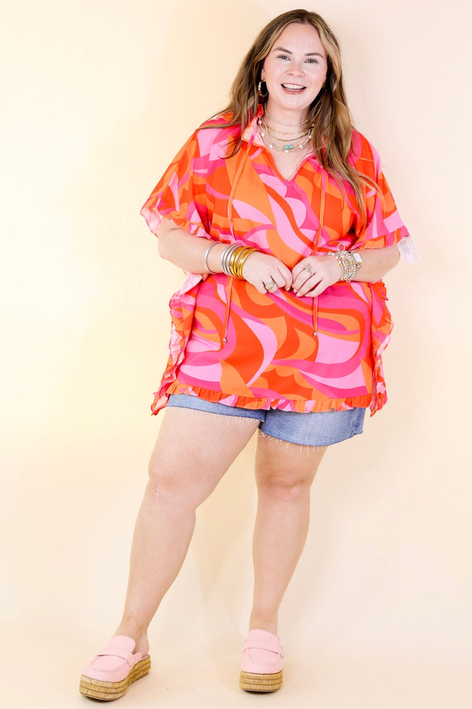 Fun and Free Flowy Top with Ruffle Trim in Orange Mix